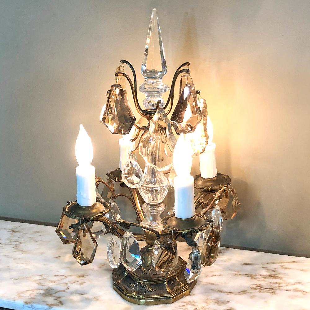 20th Century Pair of Midcentury Brass and Crystal Neoclassical Girandoles or Sconces For Sale