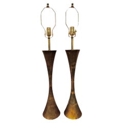 Pair Mid Century Brass Hourglass Form Table Lamps by Stewart Ross James