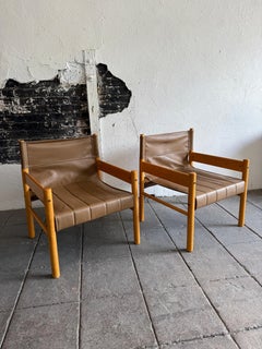 Pair Mid century Brazilian Modern Leather Ivory wood Safari Sling lounge Chairs