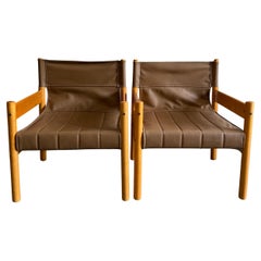 Pair Mid century Brazilian Modern Leather Ivory wood Safari Sling lounge Chairs