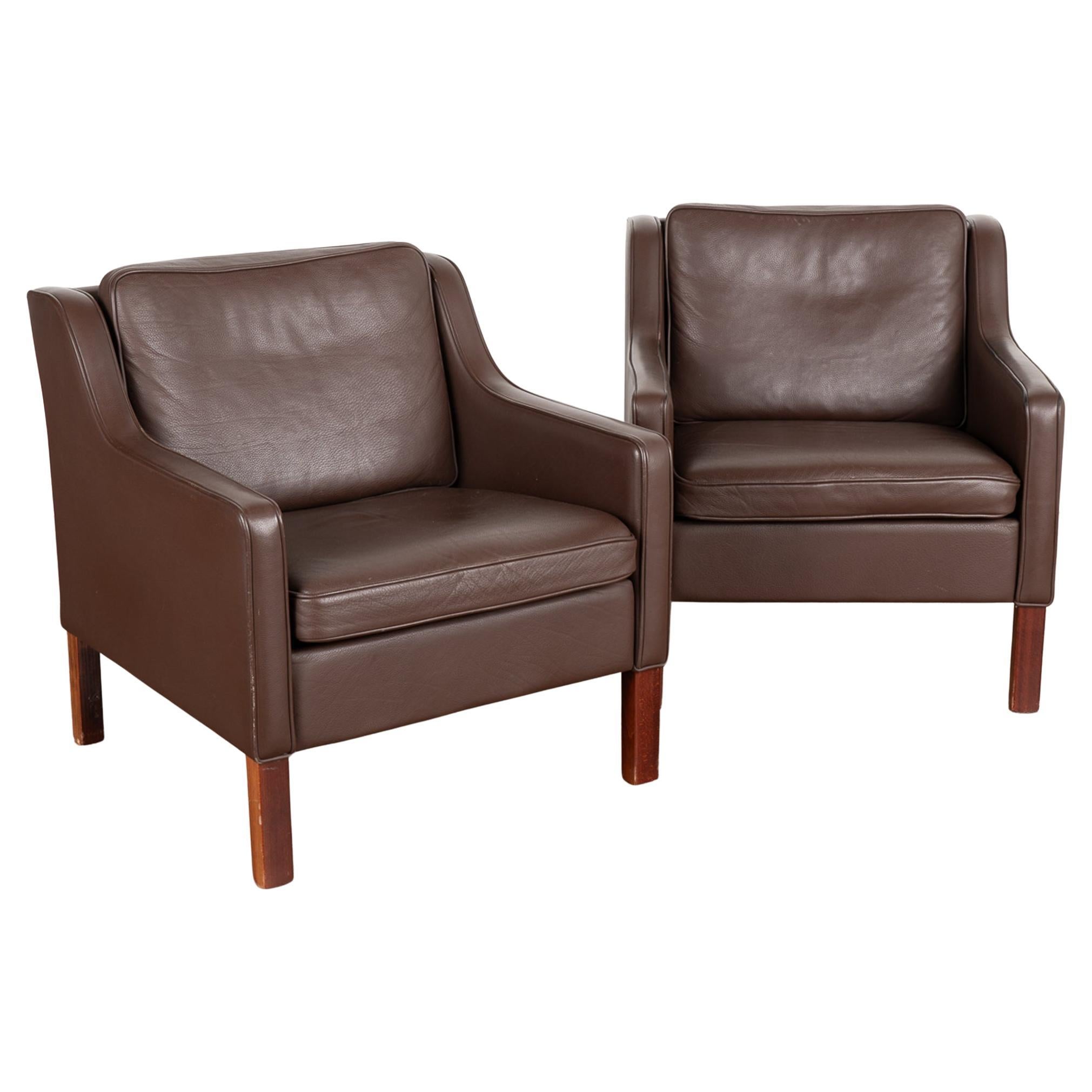 Pair, Midcentury Brown Leather Arm Chairs, Denmark, circa 1960-70