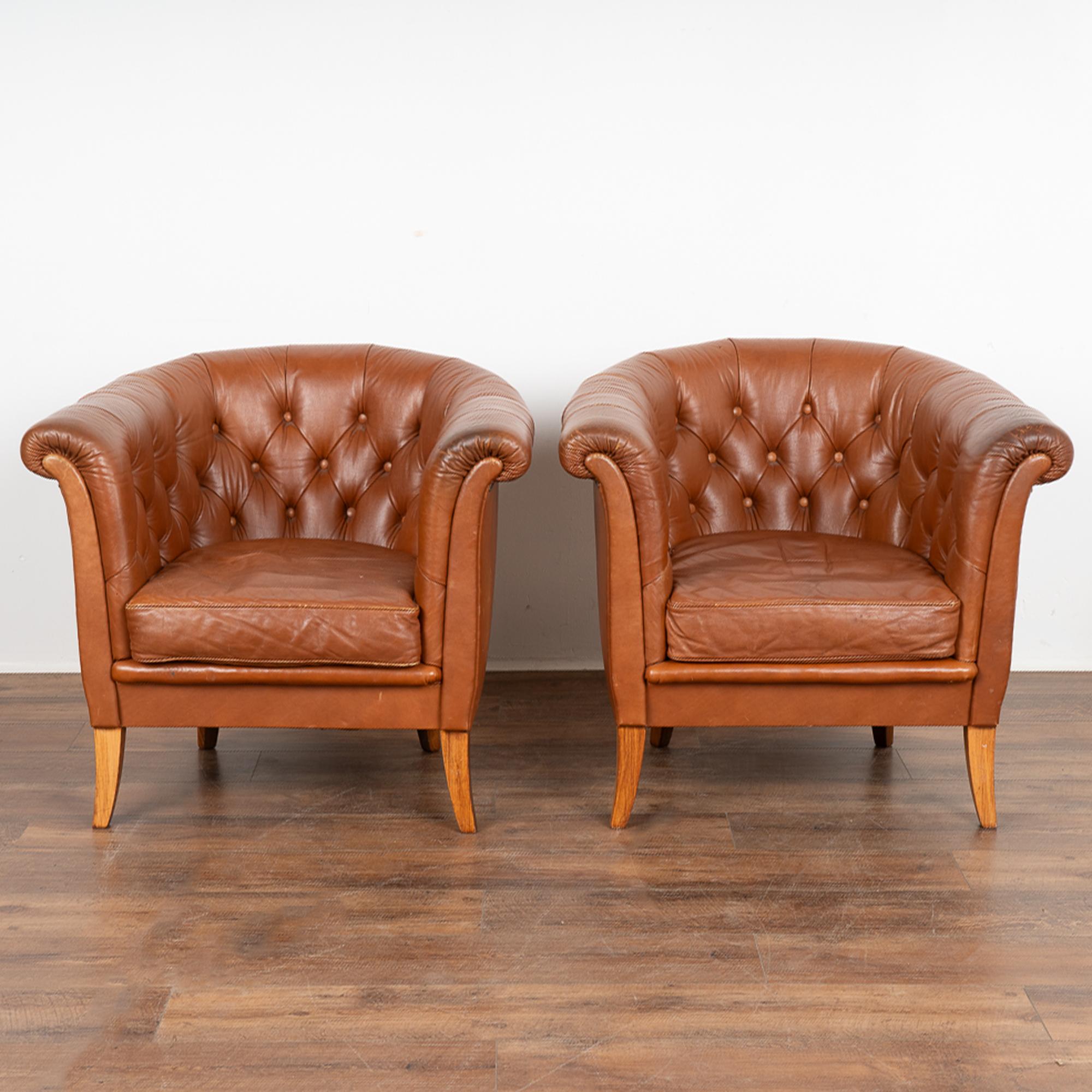 Mid-Century Modern Pair, Mid Century Brown Leather Barrel Back Arm Chairs, Denmark circa 1960-70 For Sale