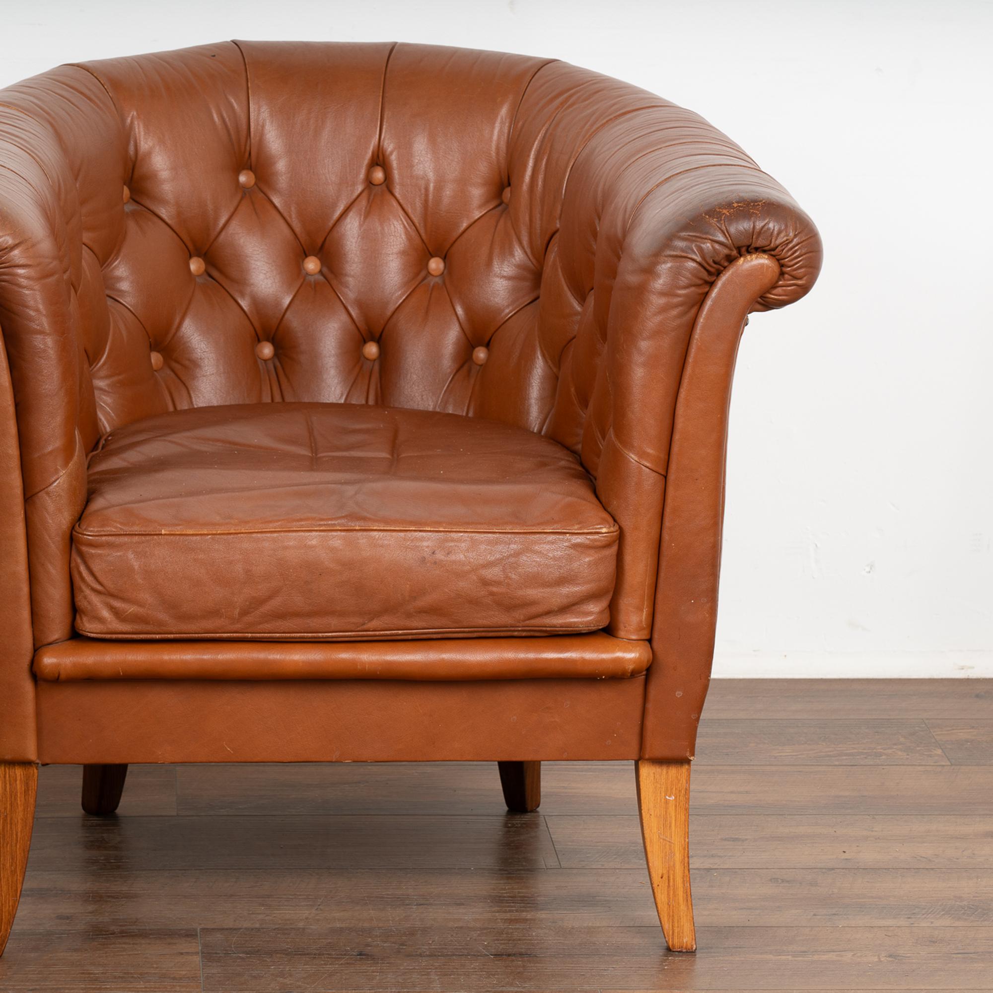 Pair, Mid Century Brown Leather Barrel Back Arm Chairs, Denmark circa 1960-70 In Good Condition In Round Top, TX