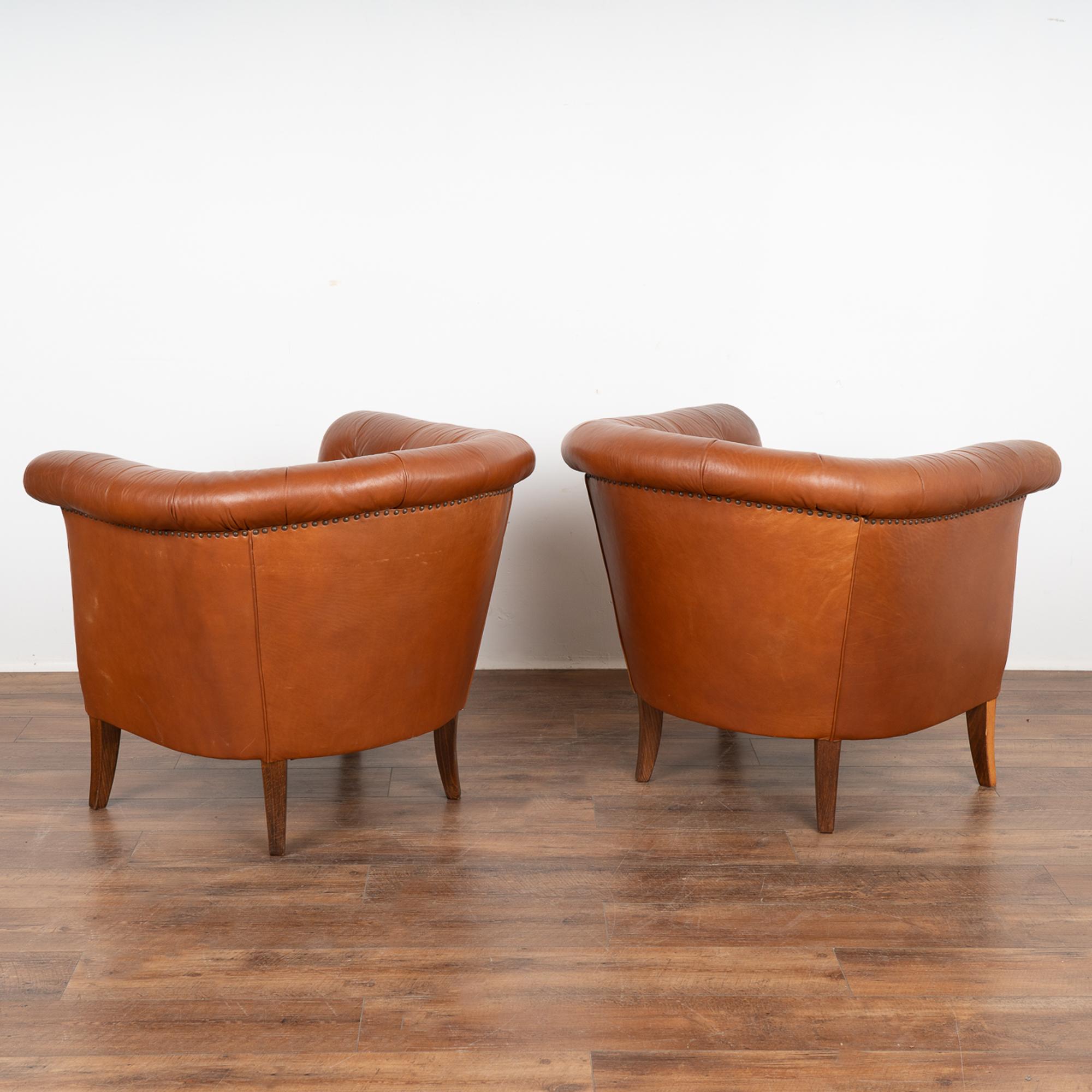 Pair, Mid Century Brown Leather Barrel Back Arm Chairs, Denmark circa 1960-70 For Sale 3