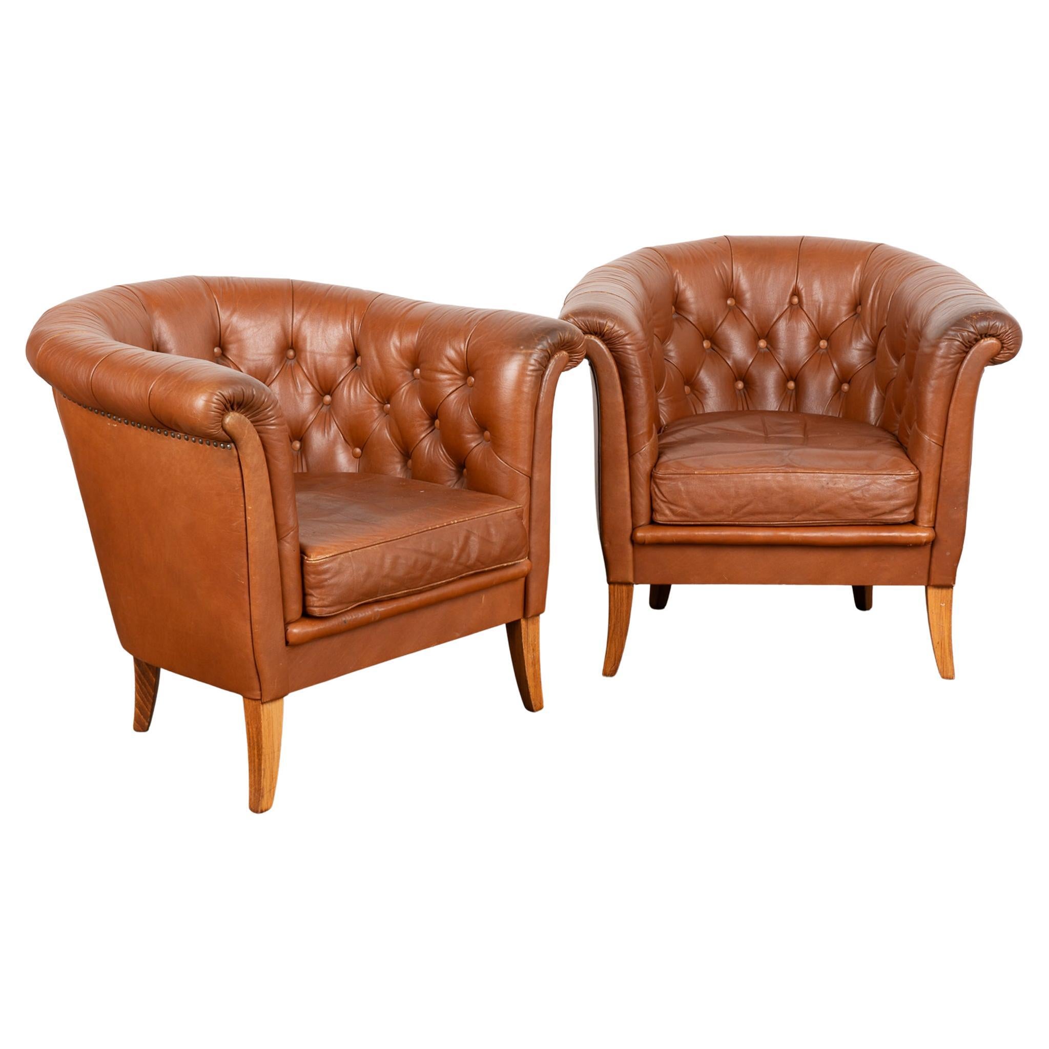 Pair, Mid Century Brown Leather Barrel Back Arm Chairs, Denmark circa 1960-70 For Sale