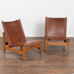 Pair, Mid Century Brown Leather Chairs with Whipstitch Accents, Denmark