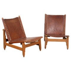 Used Pair, Mid Century Brown Leather Chairs with Whipstitch Accents, Denmark