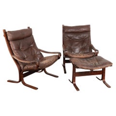 Pair, Mid Century Brown Leather Lounge Chairs with Ottoman, Denmark circa 1970