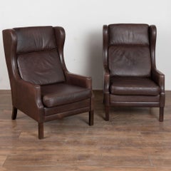 Pair, Mid Century Brown Leather Wingback Chairs from Denmark