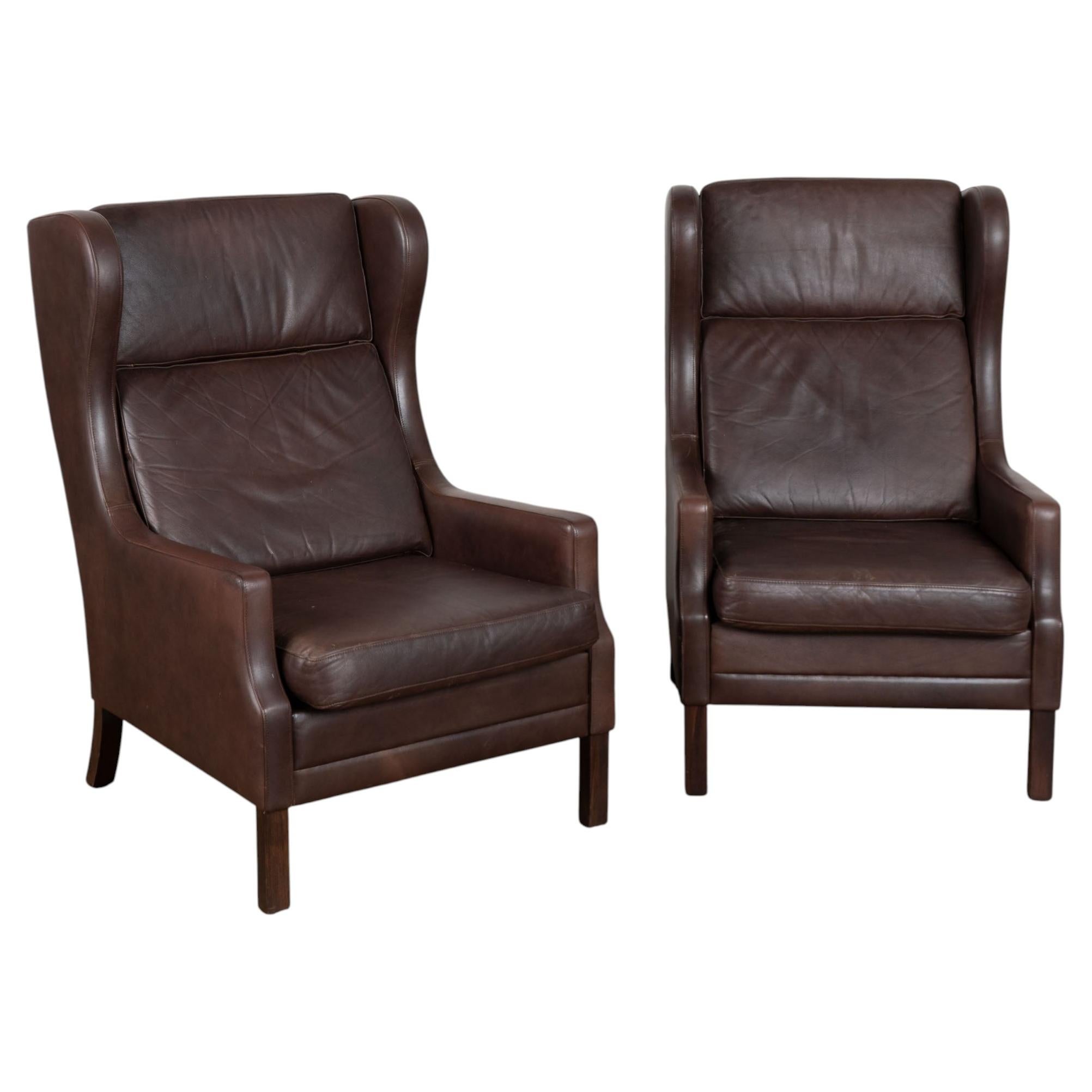 Pair, Mid Century Brown Leather Wingback Chairs from Denmark