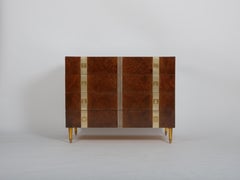 Pair Mid-Century Modern Burr Wood Dressers, Italy, Brass Inlays, c1970