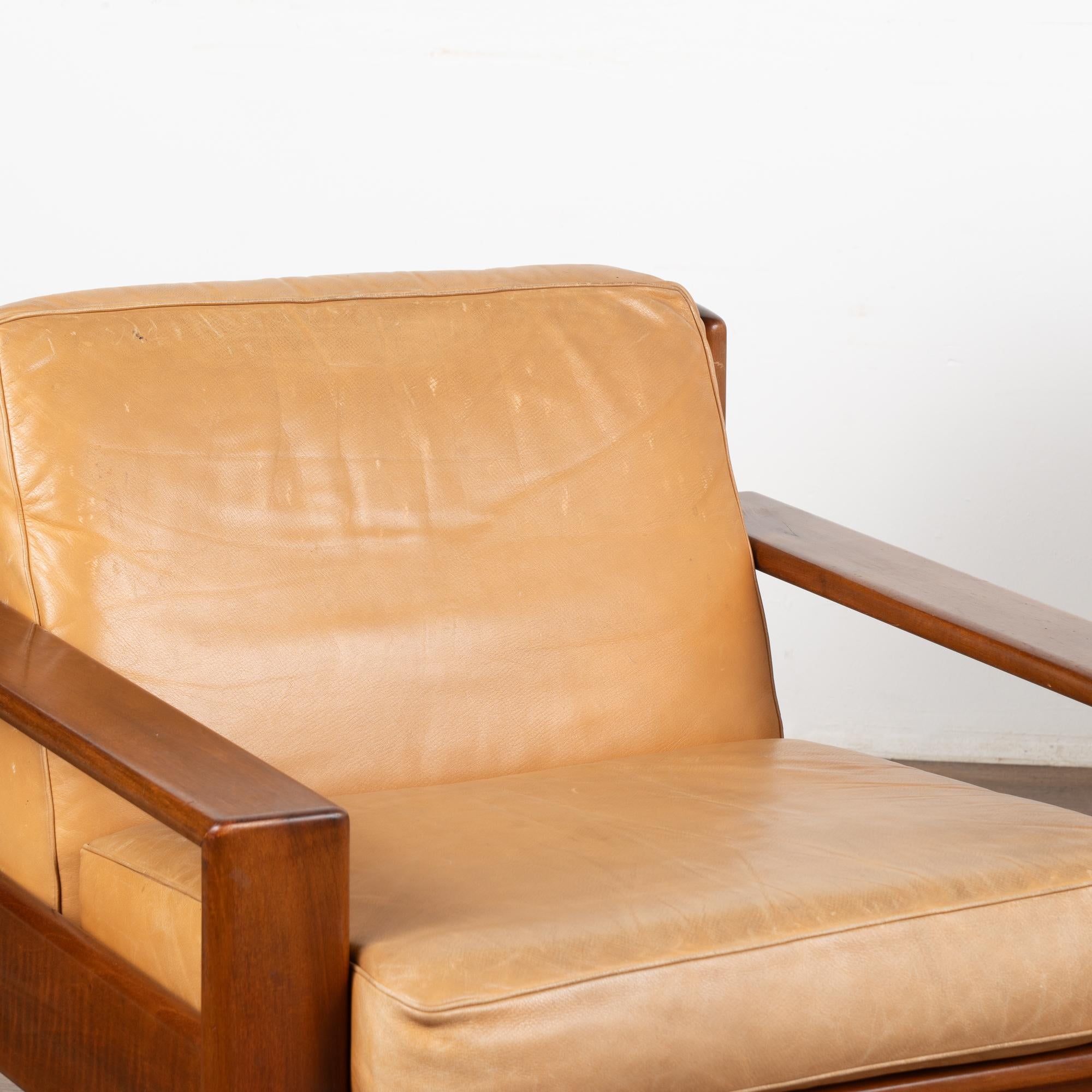 Danish Pair, Mid Century Camel Leather Arm Chairs, Denmark circa 1960 For Sale