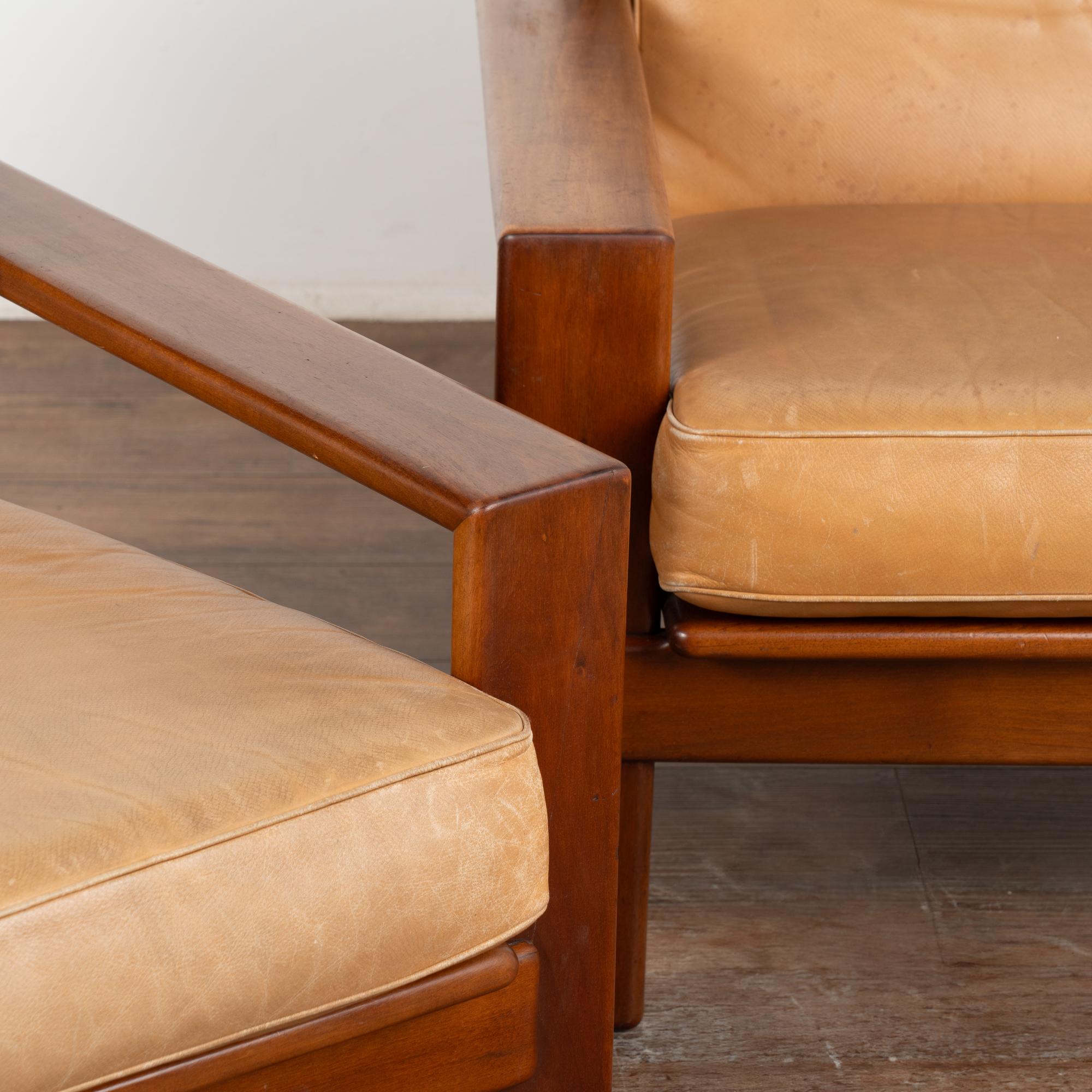 Pair, Mid Century Camel Leather Arm Chairs, Denmark circa 1960 For Sale 1