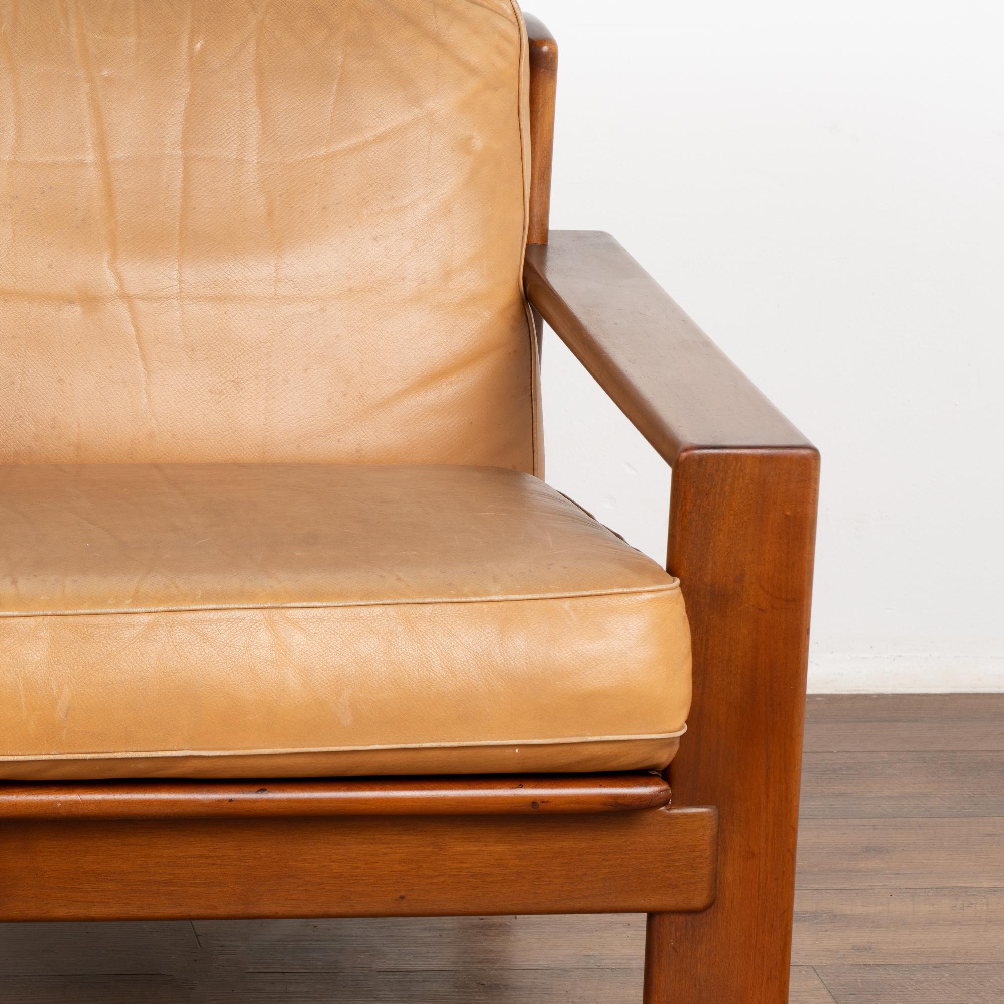 Pair, Mid Century Camel Leather Arm Chairs, Denmark circa 1960 For Sale 3