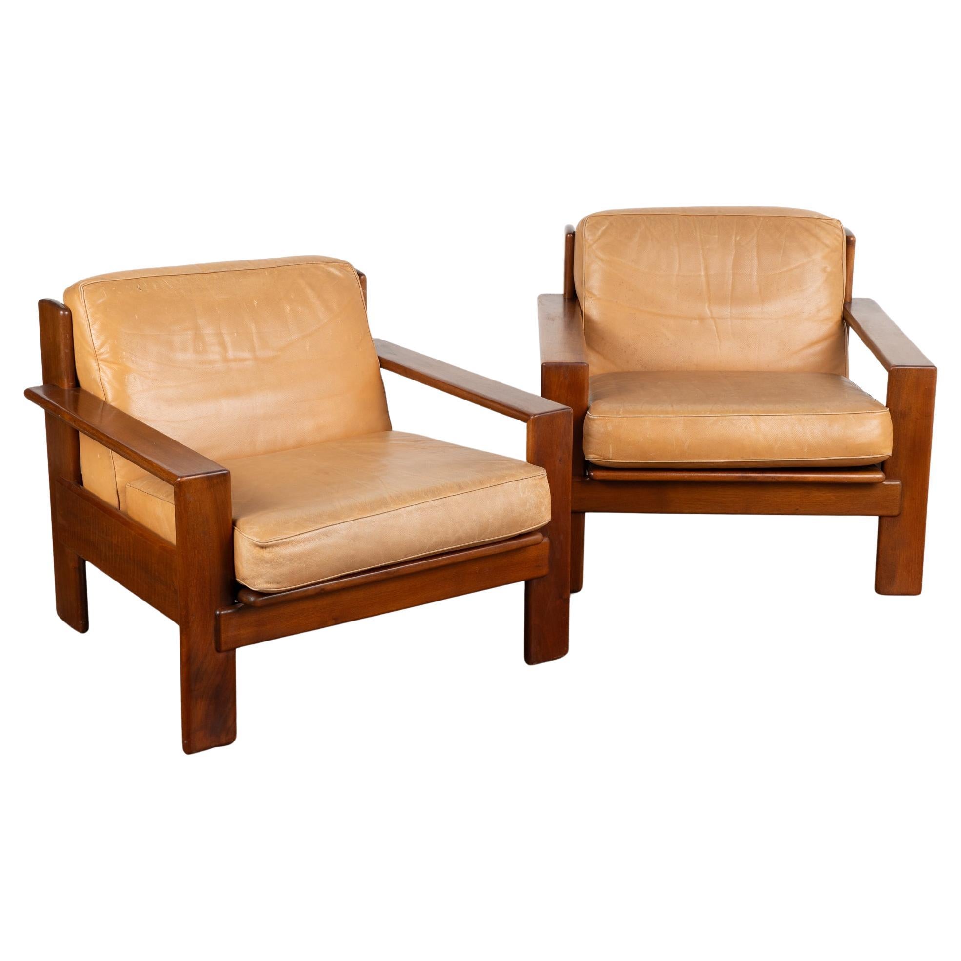 Pair, Mid Century Camel Leather Arm Chairs, Denmark circa 1960 For Sale