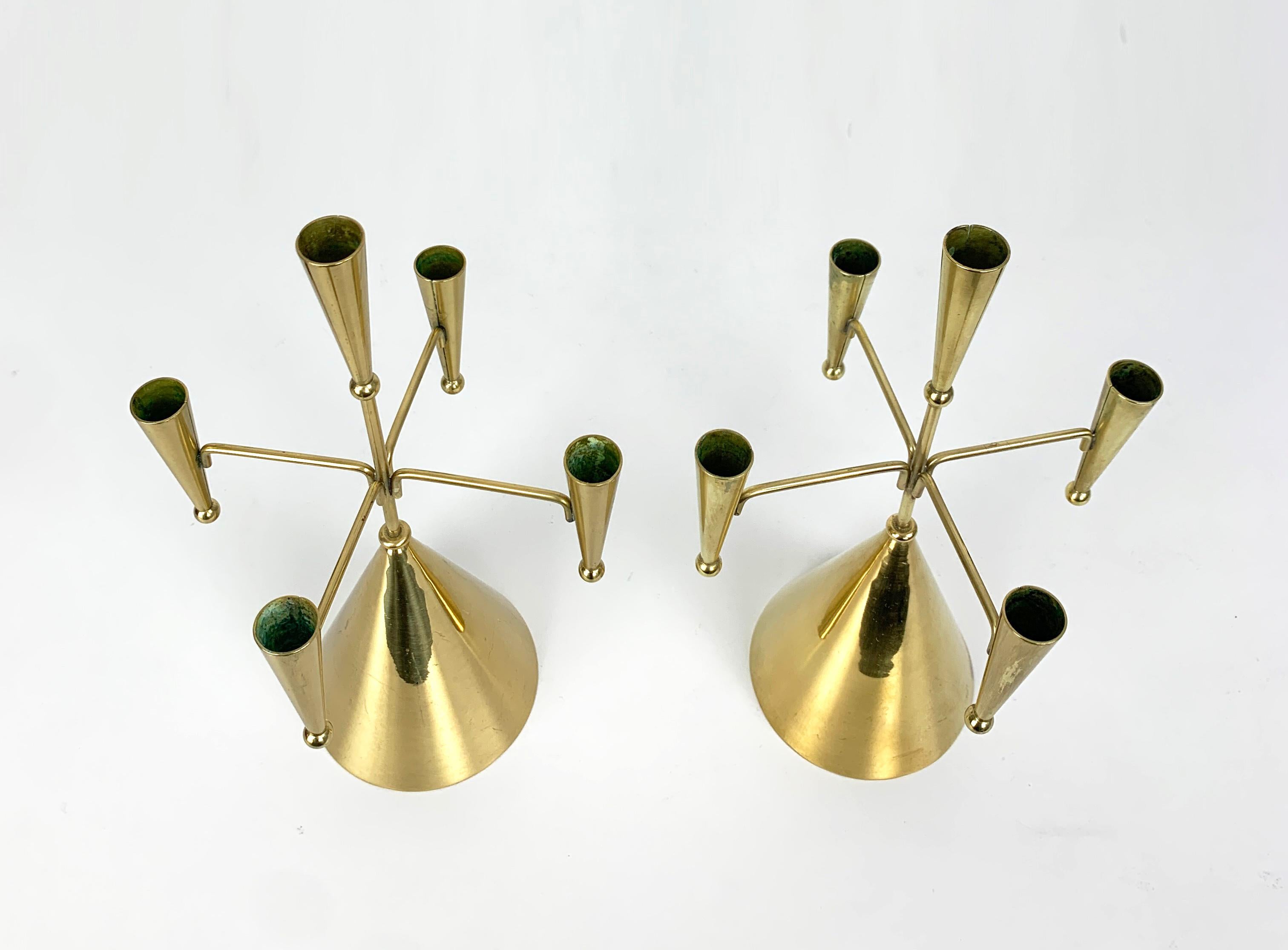 Pair Mid-Century Candelabra in Brass by Gunnar Ander Ystad Metall Sweden In Good Condition For Sale In Vorst, BE