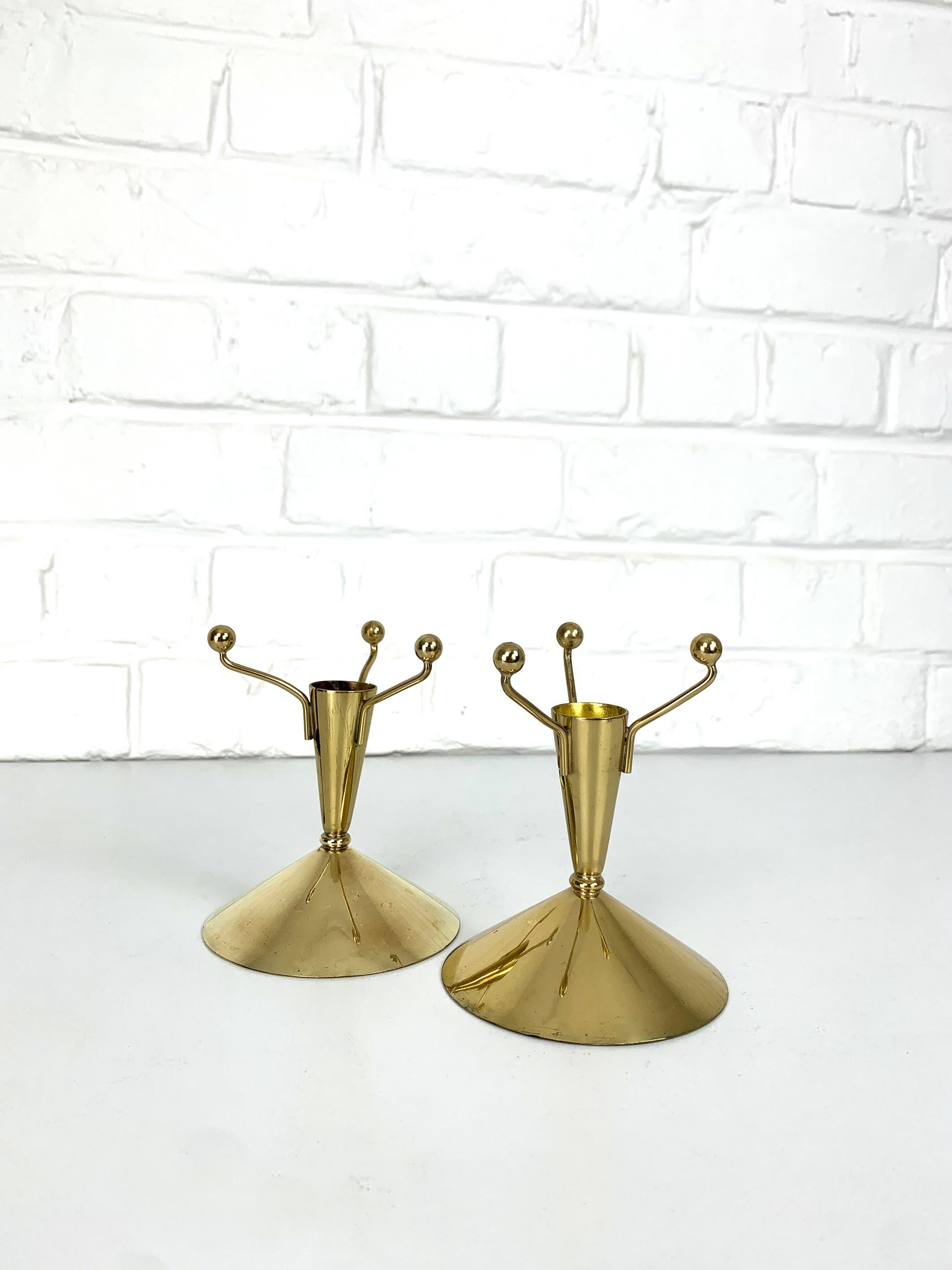 Swedish Pair Mid-Century Candlesticks in Brass by Gunnar Ander Ystad Metall Sweden For Sale