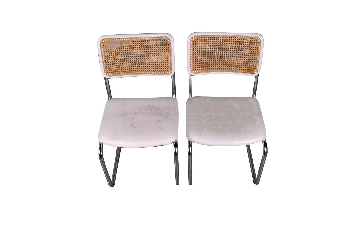 Pair Mid Century Cane Bentwood Cantilever Chairs White Cushions For Sale 2