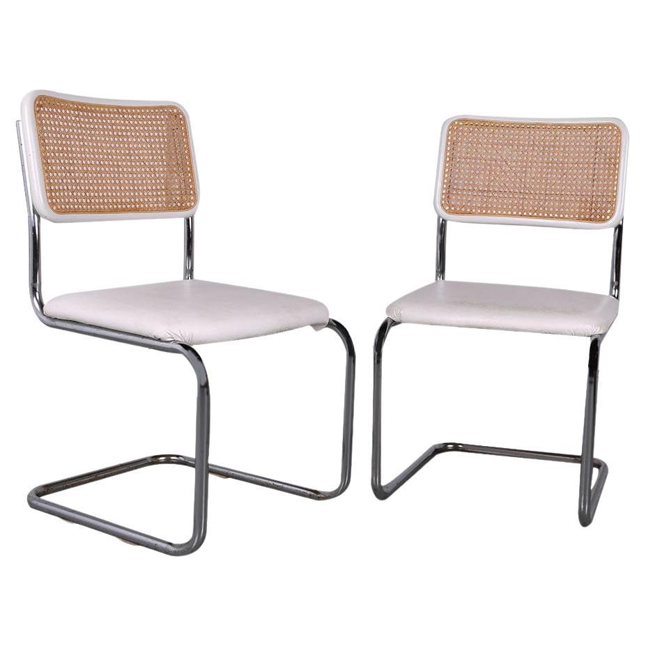 Pair Mid Century Cane Bentwood Cantilever Chairs White Cushions For Sale