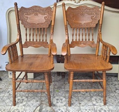 Pair Mid-Century Carved Oak Presback ArmChairs