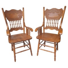 Pair Mid-Century Carved Oak Presback ArmChairs