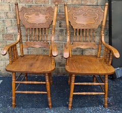 Pair Mid-Century Century Red Oak Pressback Armchairs