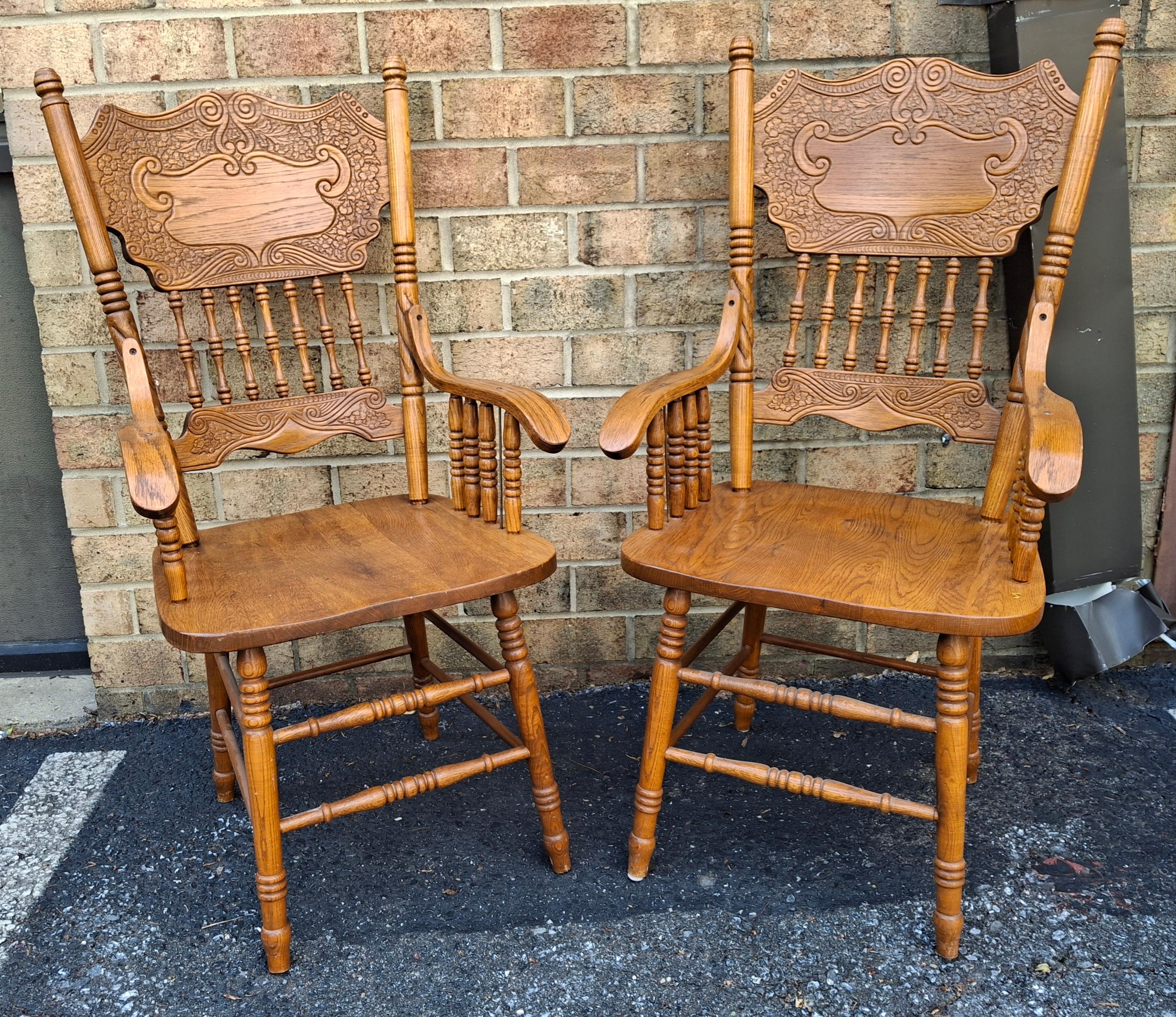 Unknown Pair Mid-Century Century Red Oak Pressback Armchairs For Sale