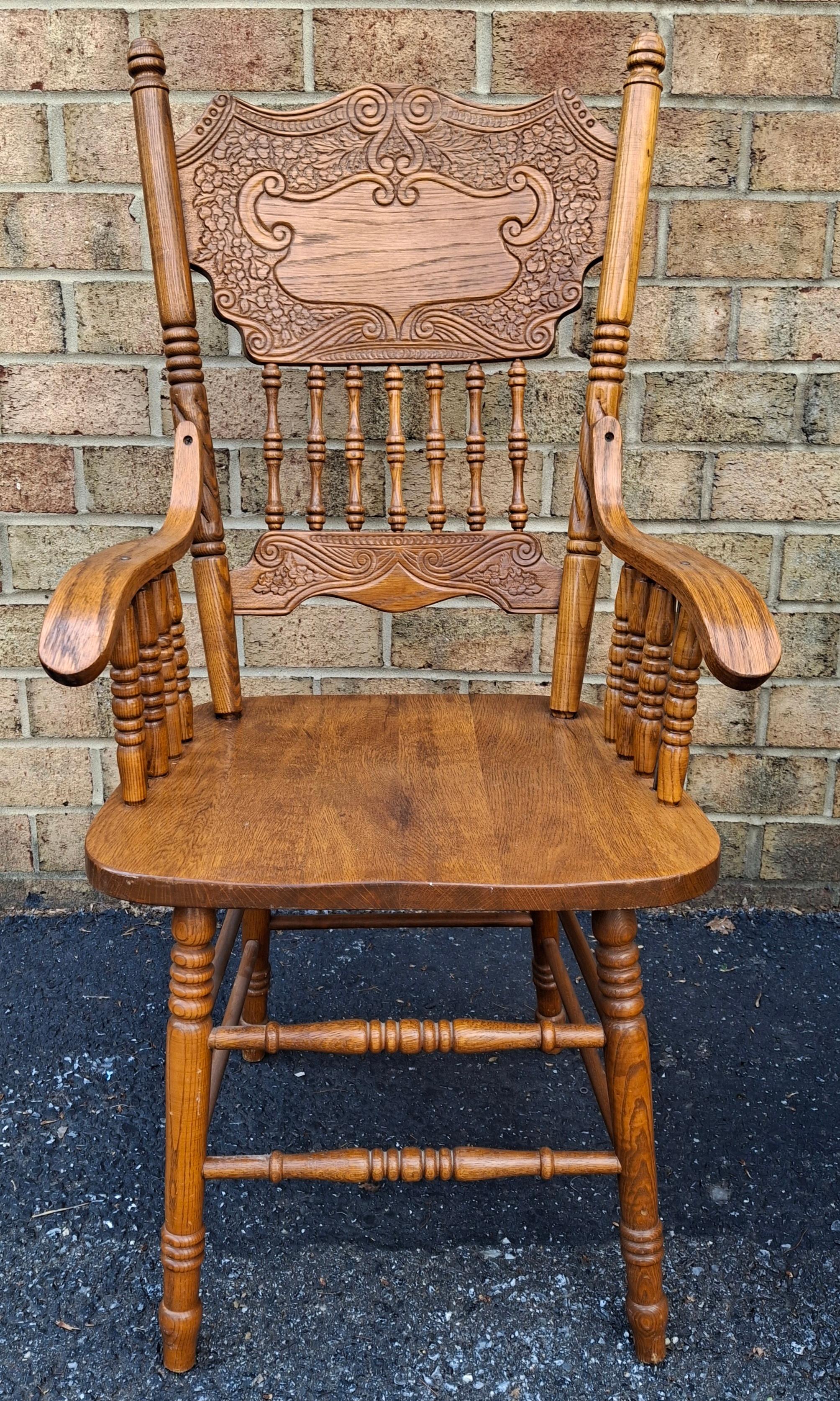 Stained Pair Mid-Century Century Red Oak Pressback Armchairs For Sale