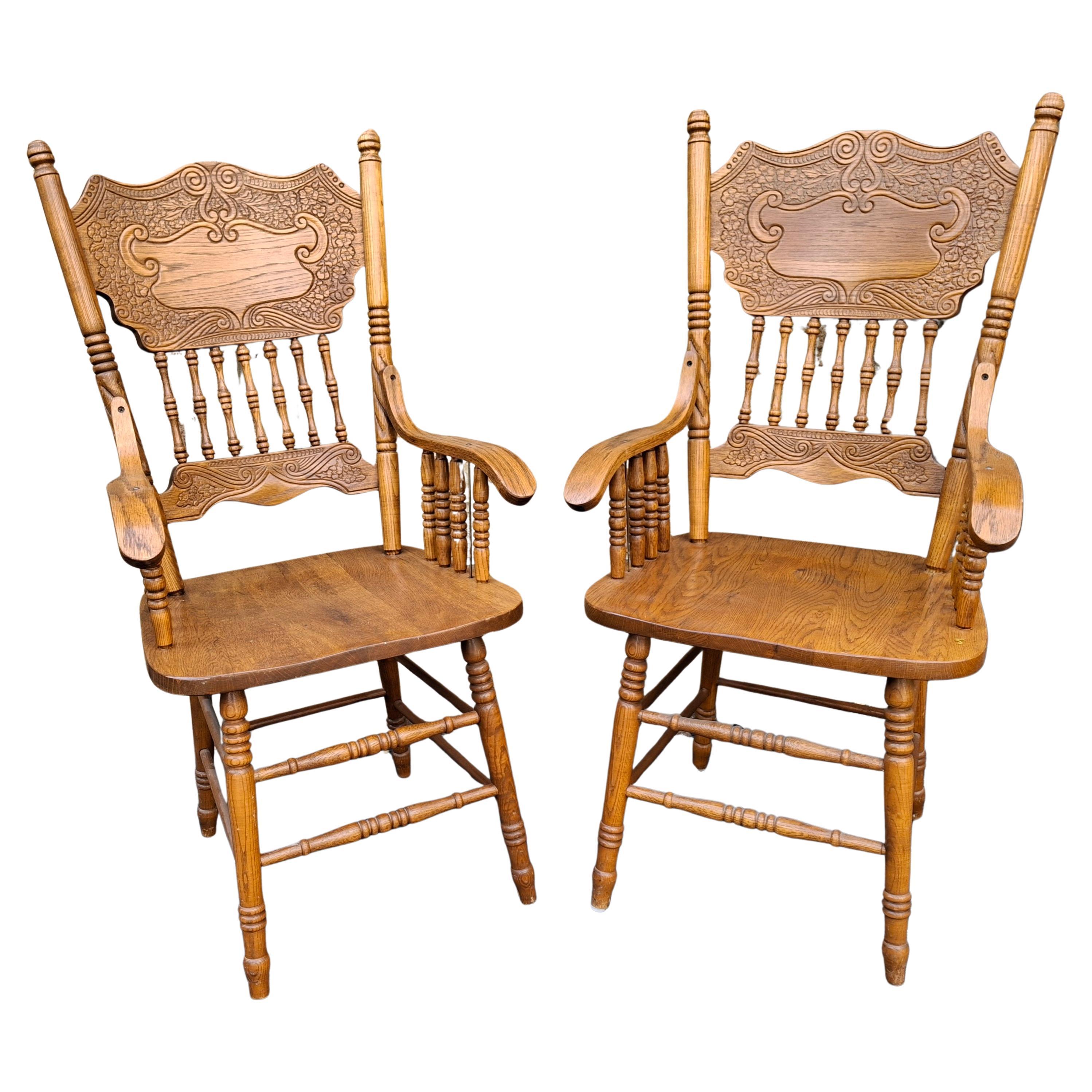 Pair Mid-Century Century Red Oak Pressback Armchairs For Sale