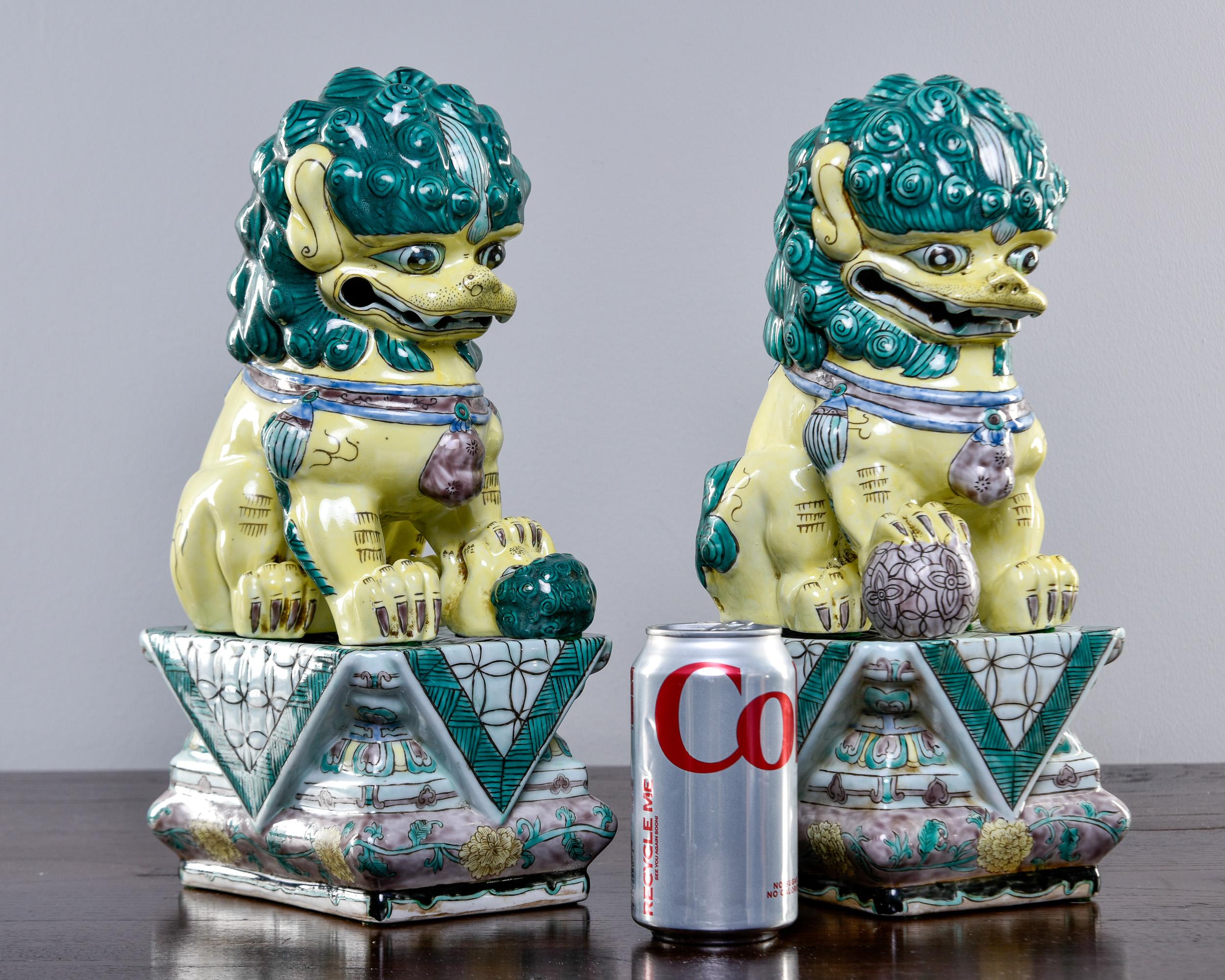 Chinese Export Pair Mid Century Ceramic Foo Dogs on Base For Sale