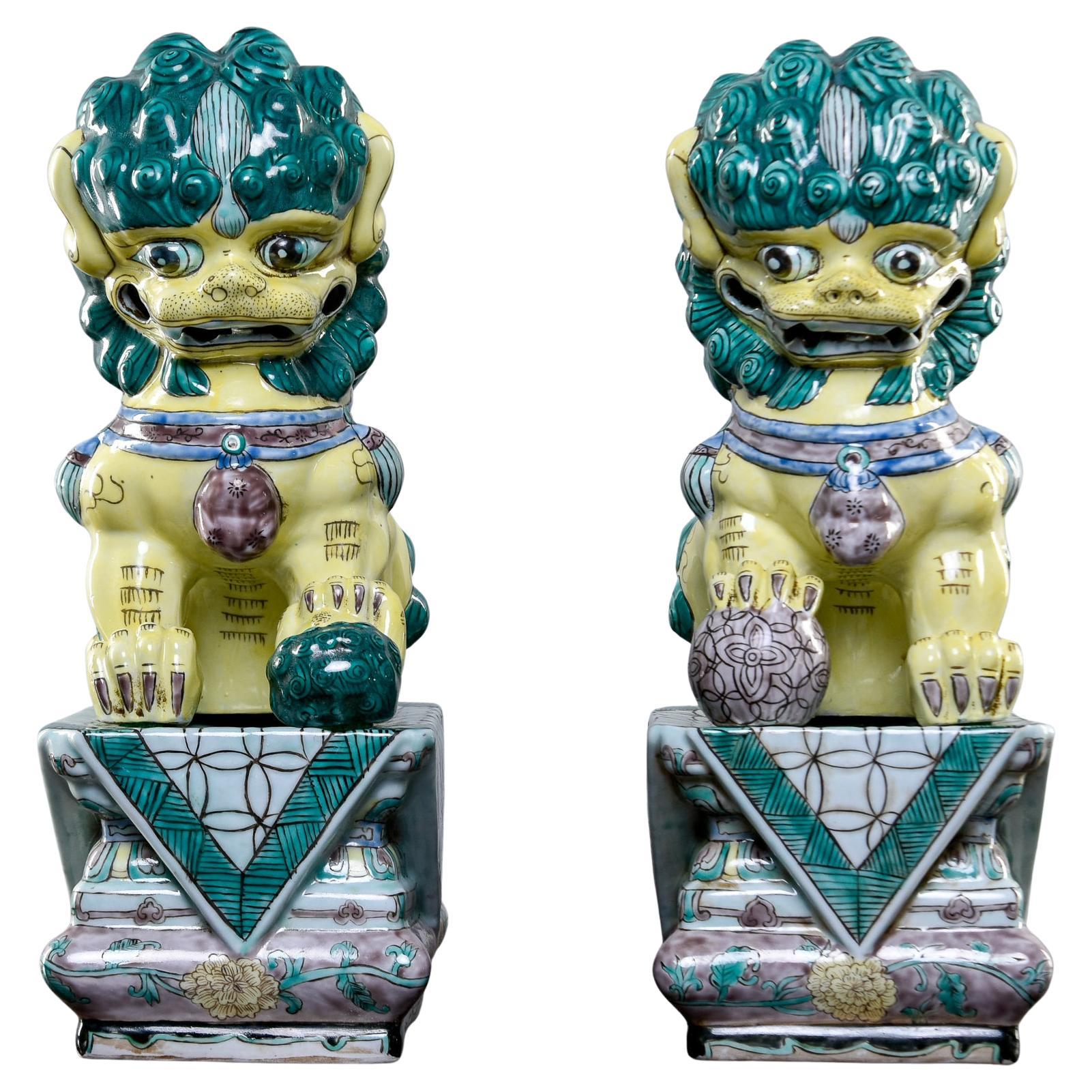 Pair Mid Century Ceramic Foo Dogs on Base