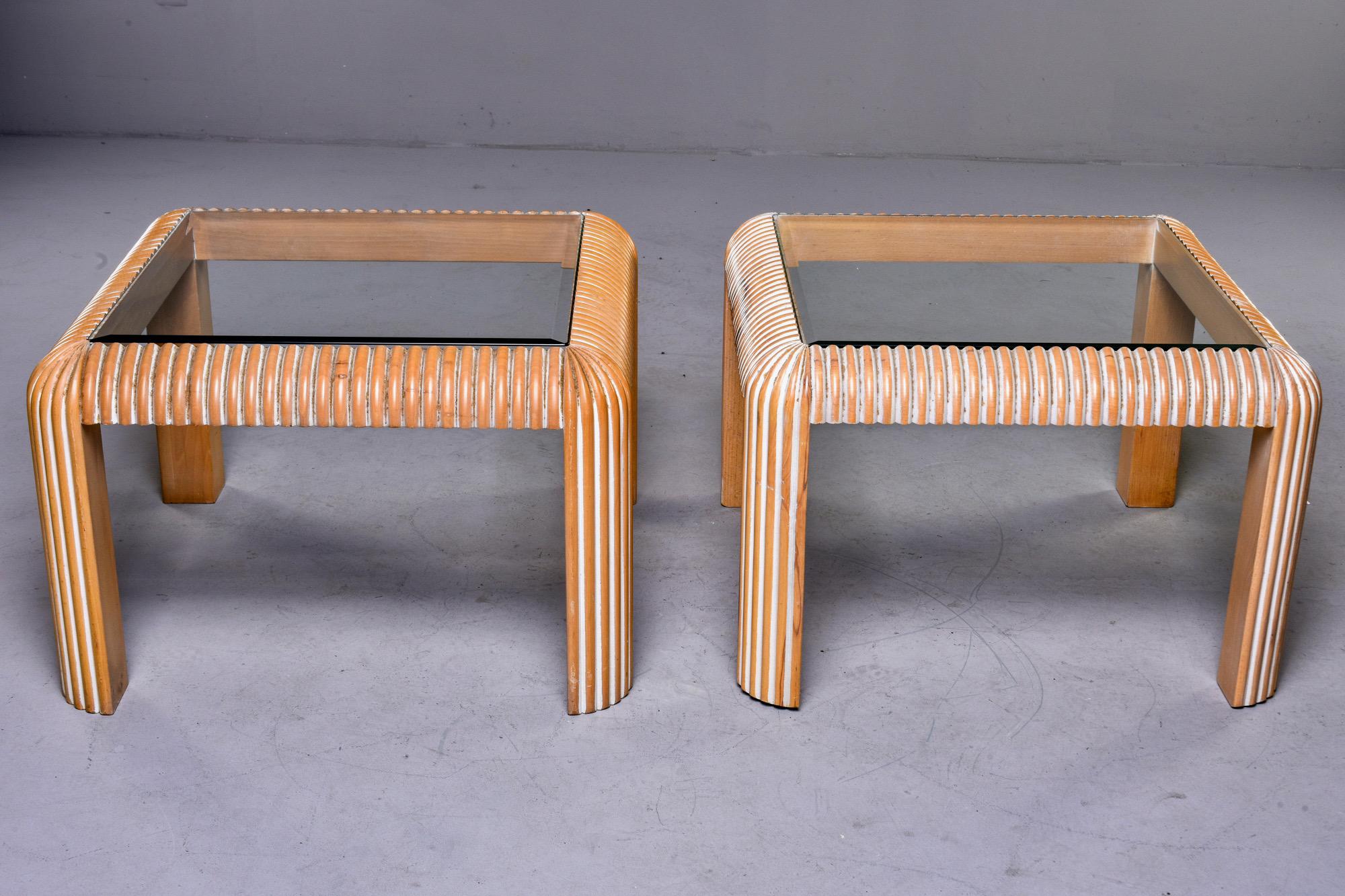 Pair of Midcentury Cerused Side Tables with Reeded Legs and Glass Tops 3