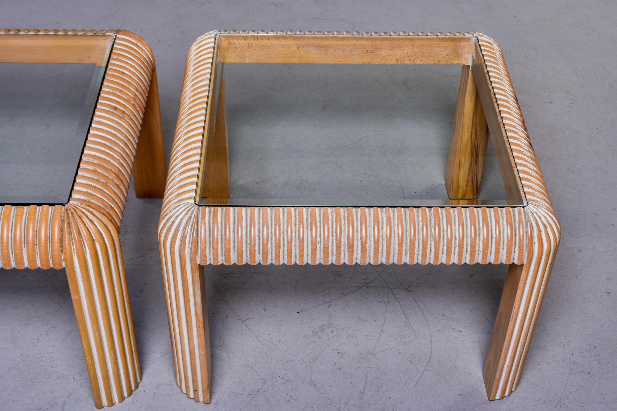 20th Century Pair of Midcentury Cerused Side Tables with Reeded Legs and Glass Tops