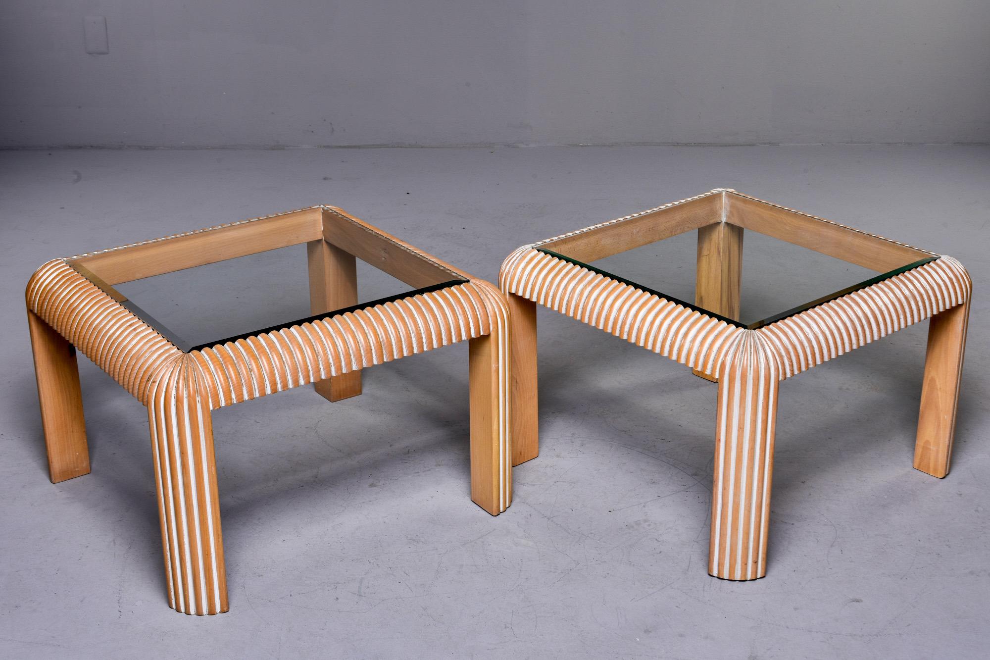 Pair of Midcentury Cerused Side Tables with Reeded Legs and Glass Tops 1