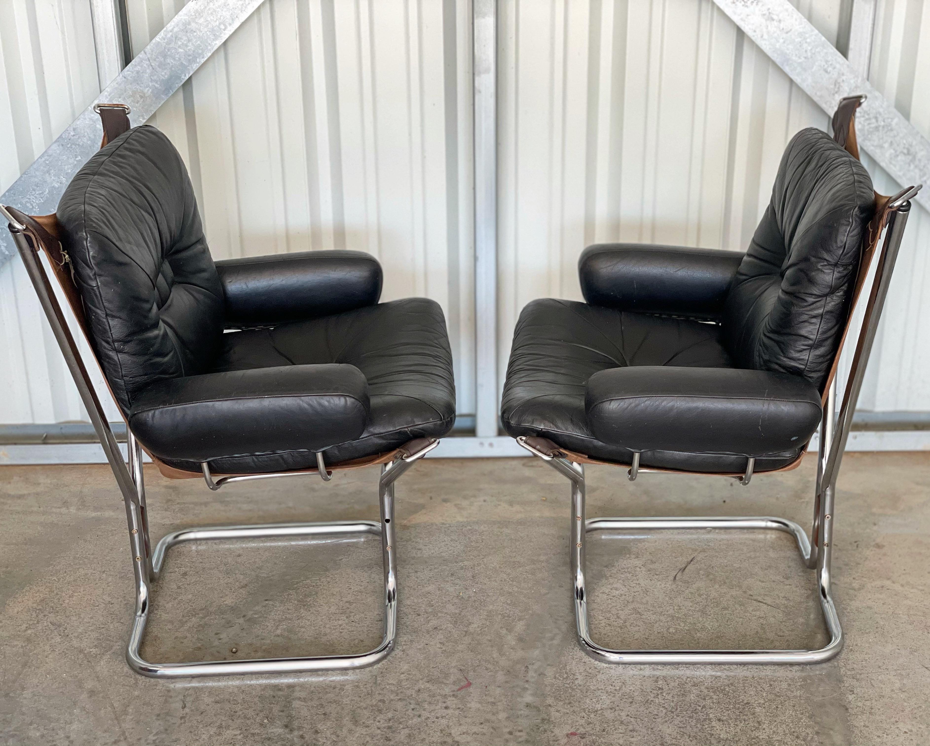 Pair of Midcentury Chairs Black Leather and Chrome, Ingmar Relling for Westnofa In Good Condition In Framingham, MA