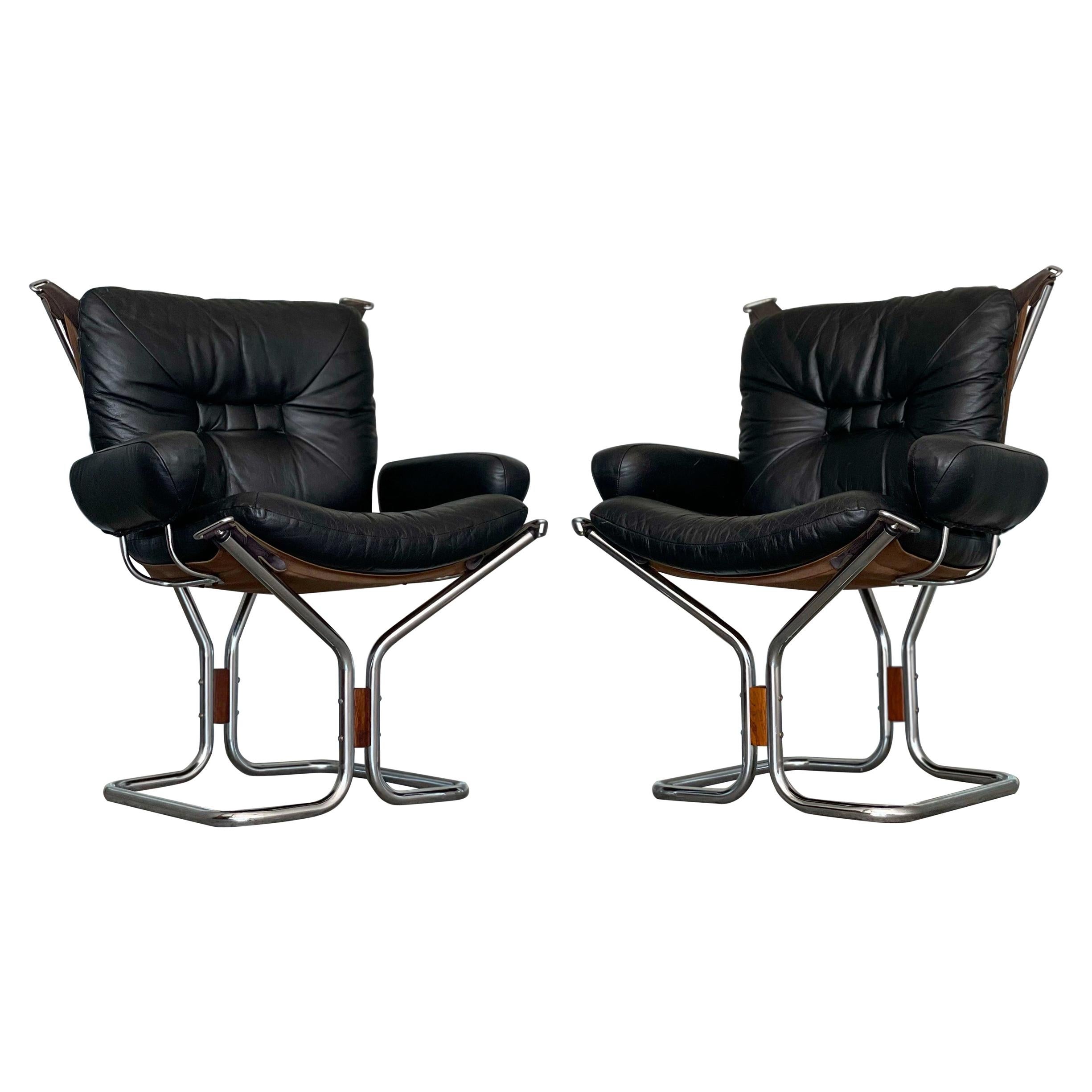 Pair of Midcentury Chairs Black Leather and Chrome, Ingmar Relling for Westnofa