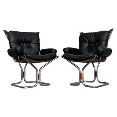 Pair of Midcentury Chairs Black Leather and Chrome, Ingmar Relling for Westnofa