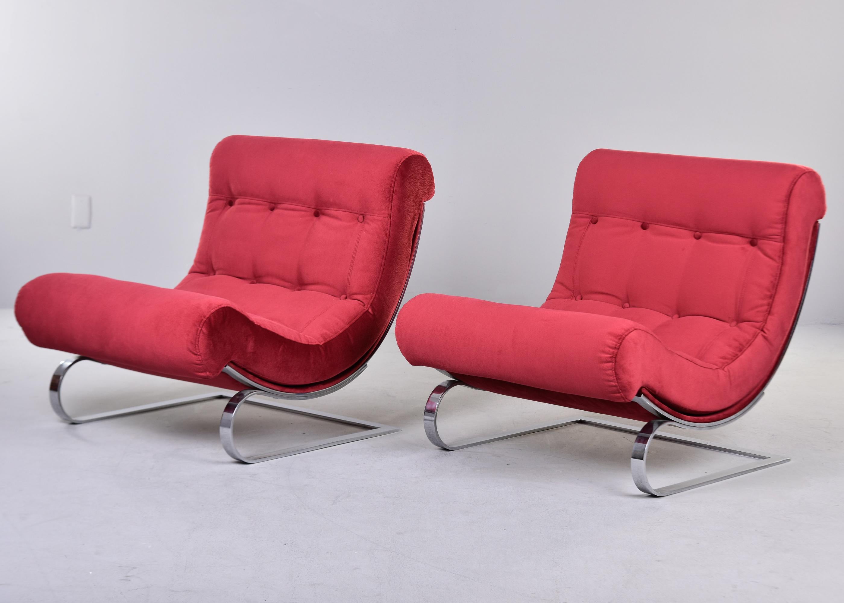 Pair Mid Century Chairs in Red Fabric With Chrome Base 3