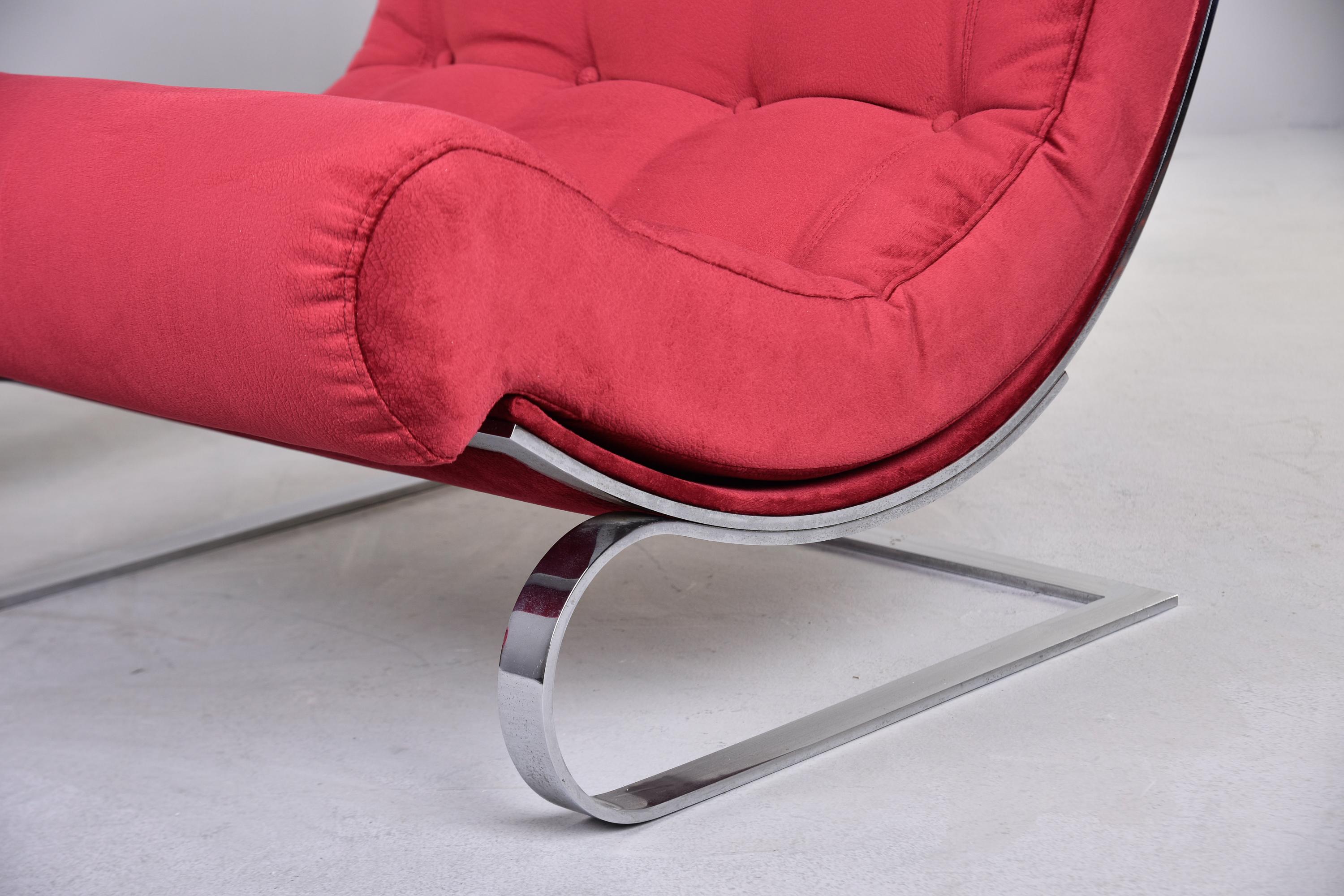 Pair Mid Century Chairs in Red Fabric With Chrome Base 4
