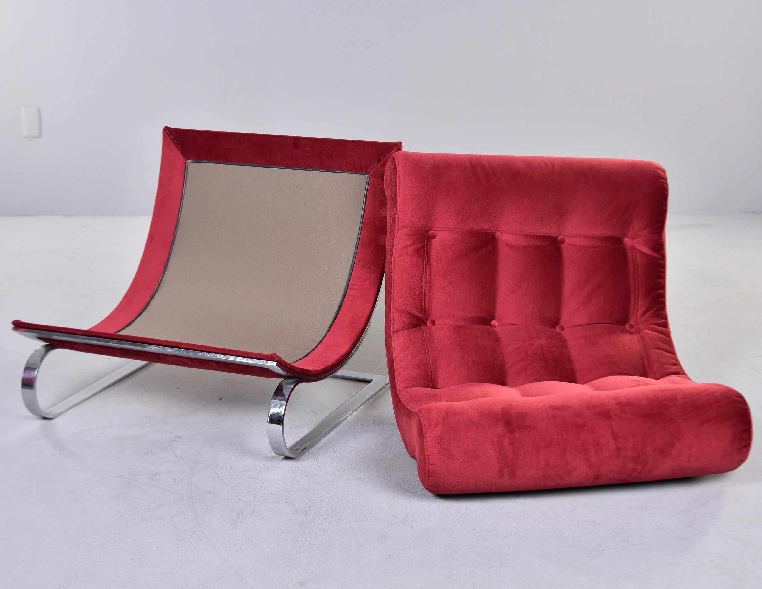 Pair Mid Century Chairs in Red Fabric With Chrome Base 5
