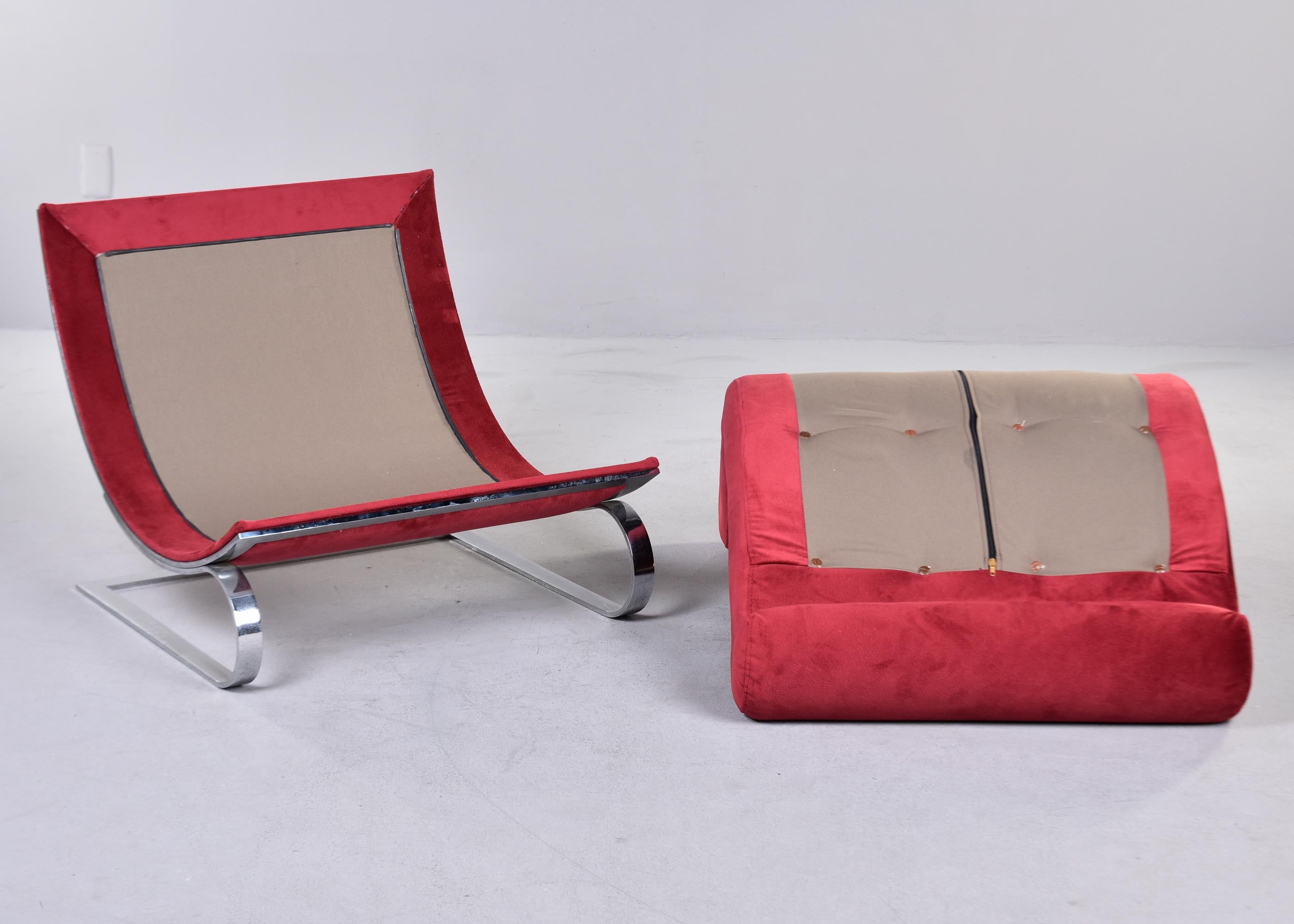 Pair Mid Century Chairs in Red Fabric With Chrome Base 6