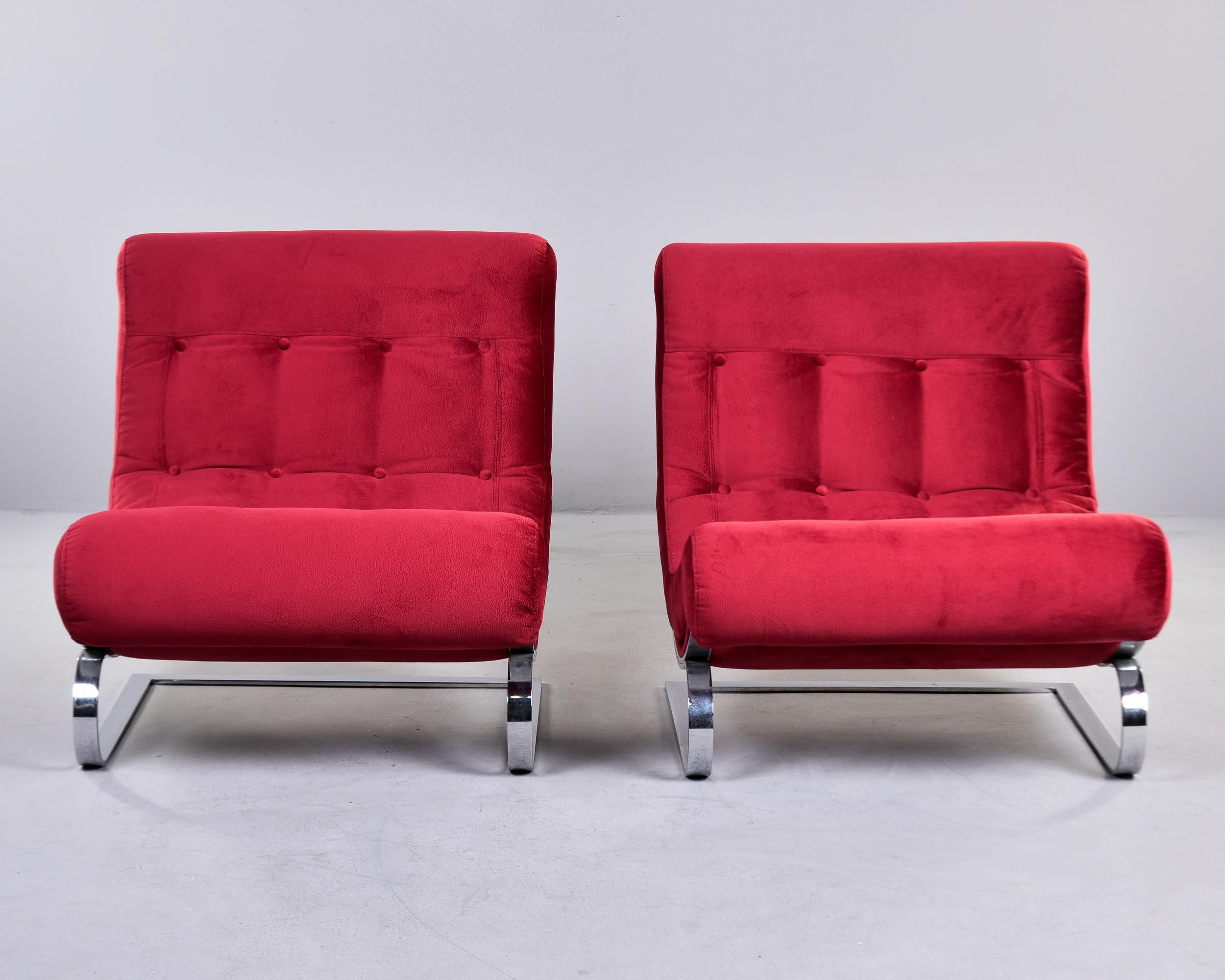 Mid-Century Modern Pair Mid Century Chairs in Red Fabric With Chrome Base