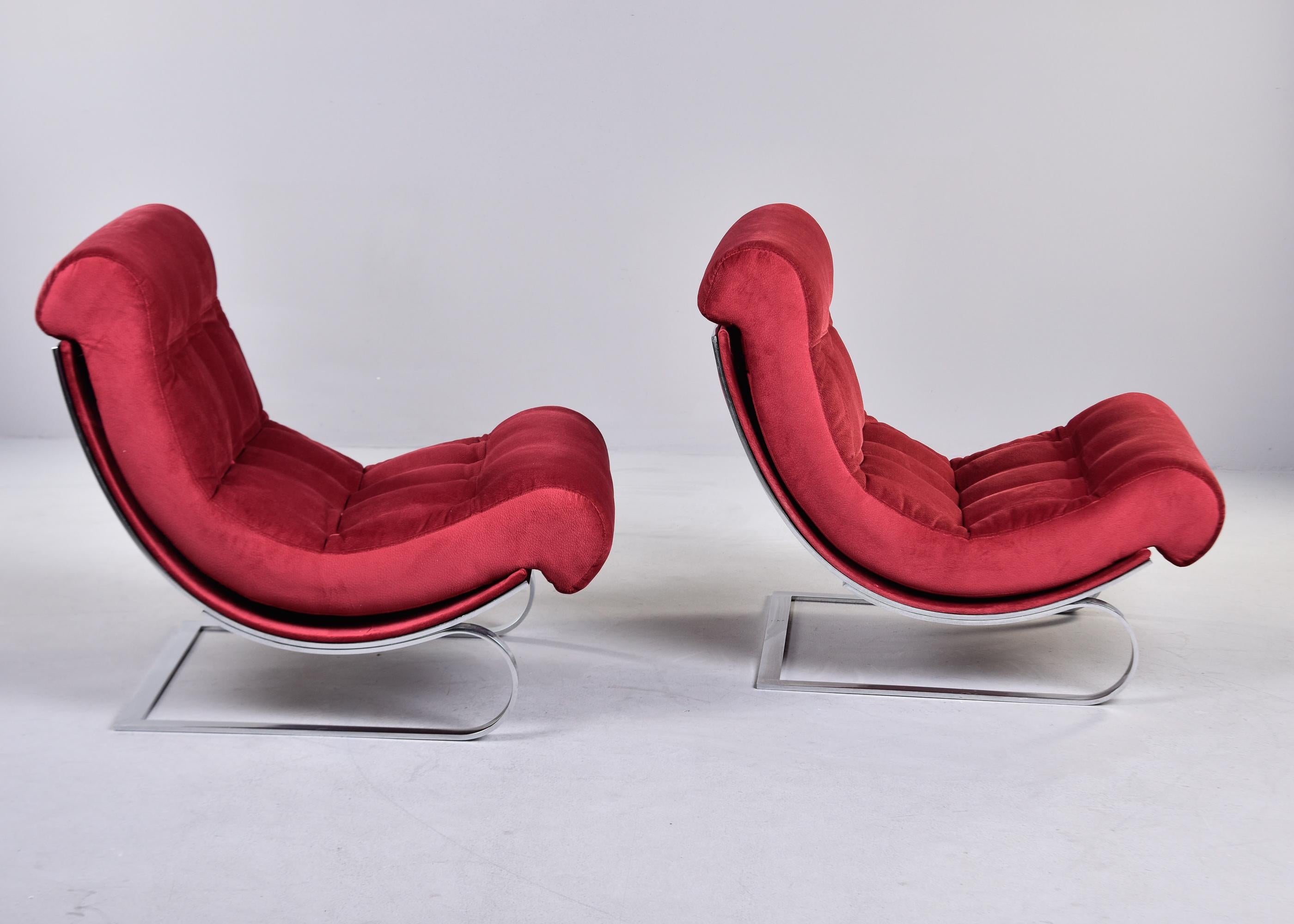 Italian Pair Mid Century Chairs in Red Fabric With Chrome Base