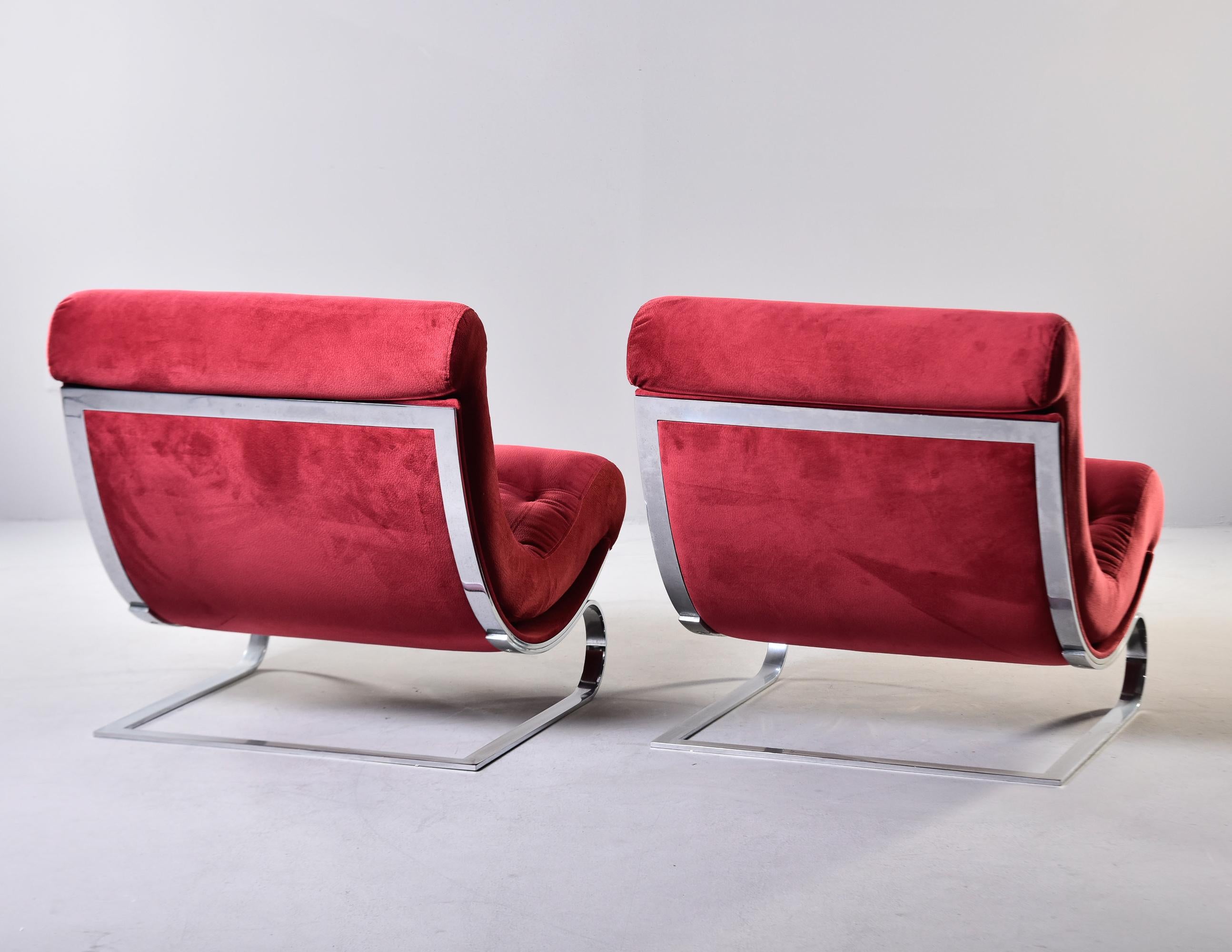20th Century Pair Mid Century Chairs in Red Fabric With Chrome Base