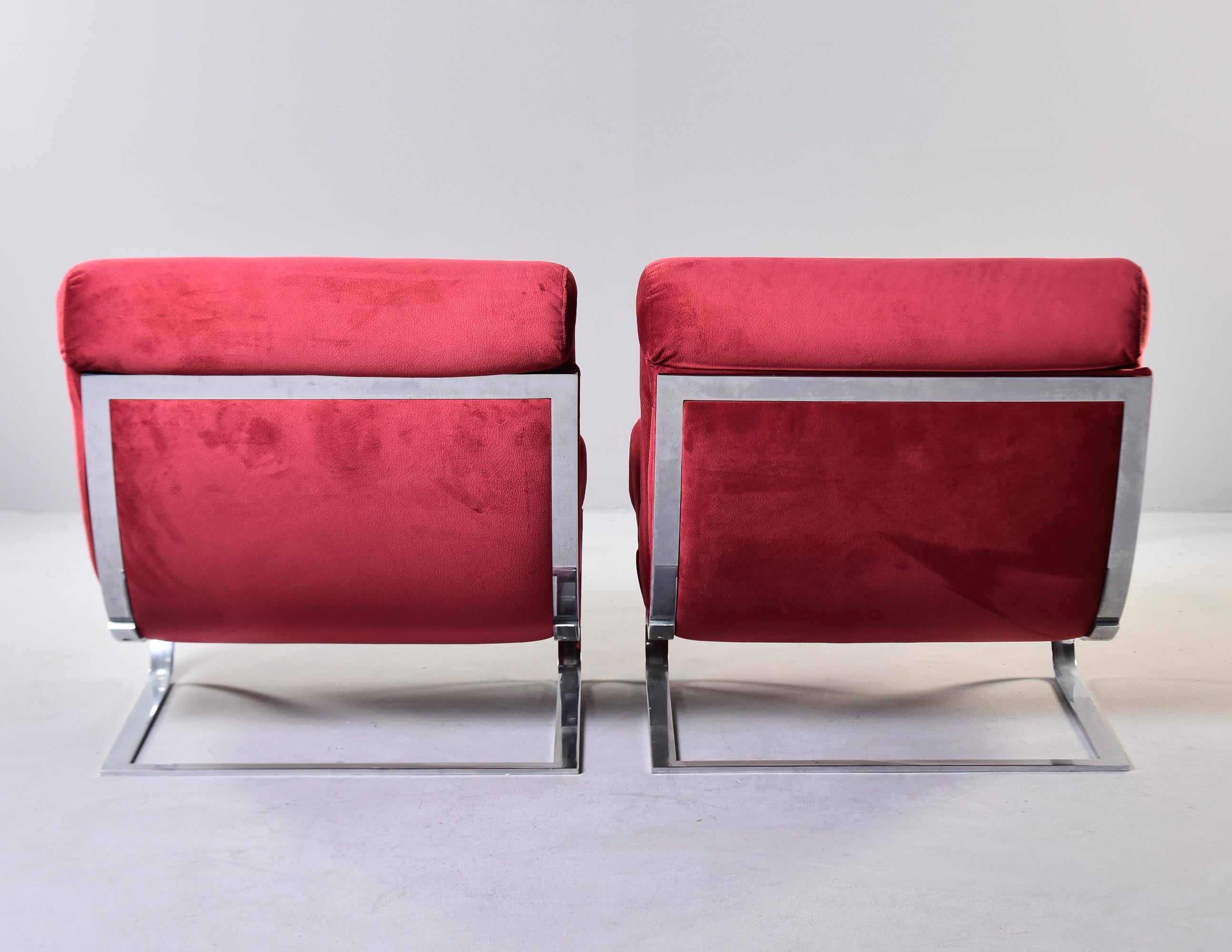 Upholstery Pair Mid Century Chairs in Red Fabric With Chrome Base
