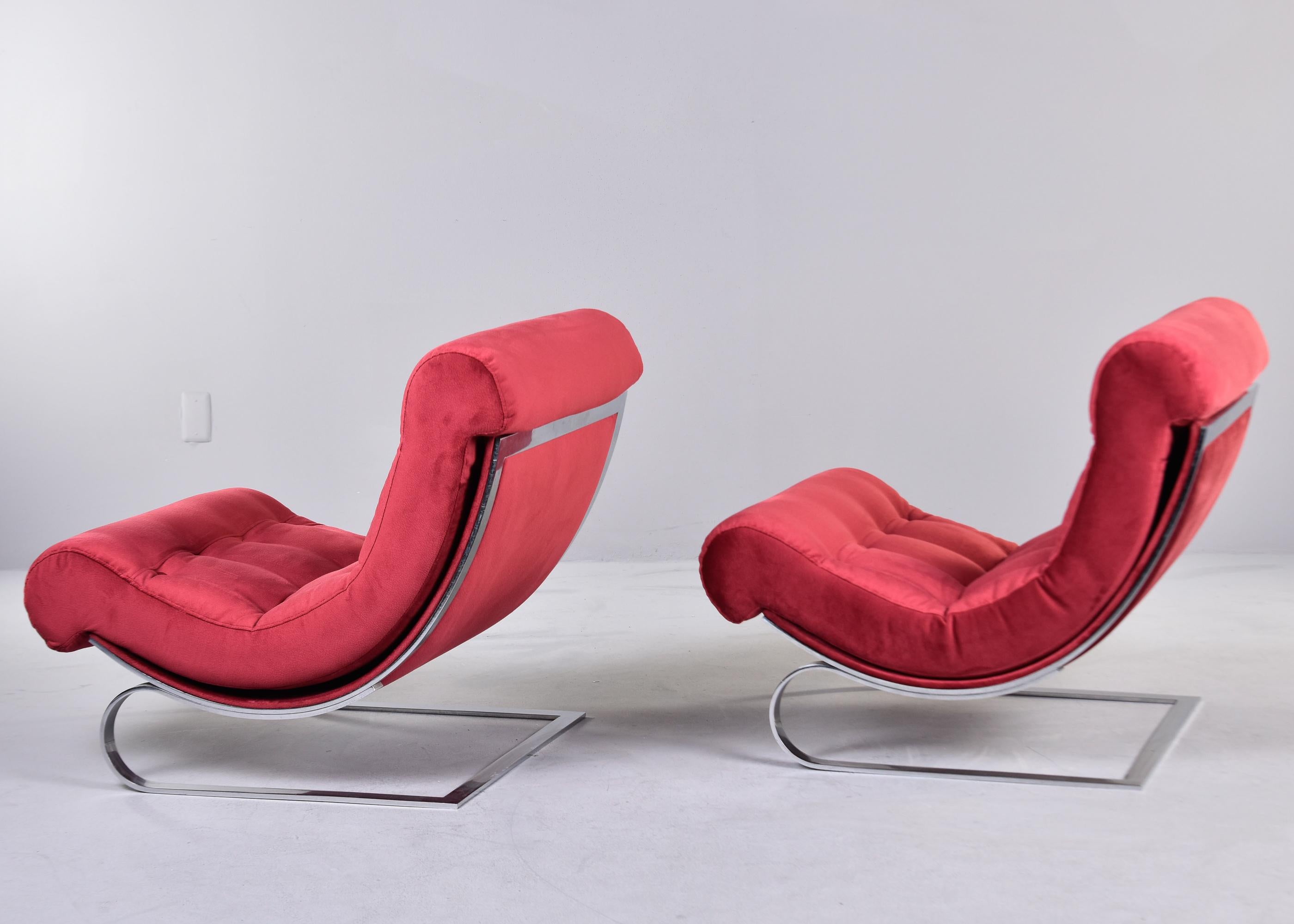 Pair Mid Century Chairs in Red Fabric With Chrome Base 1