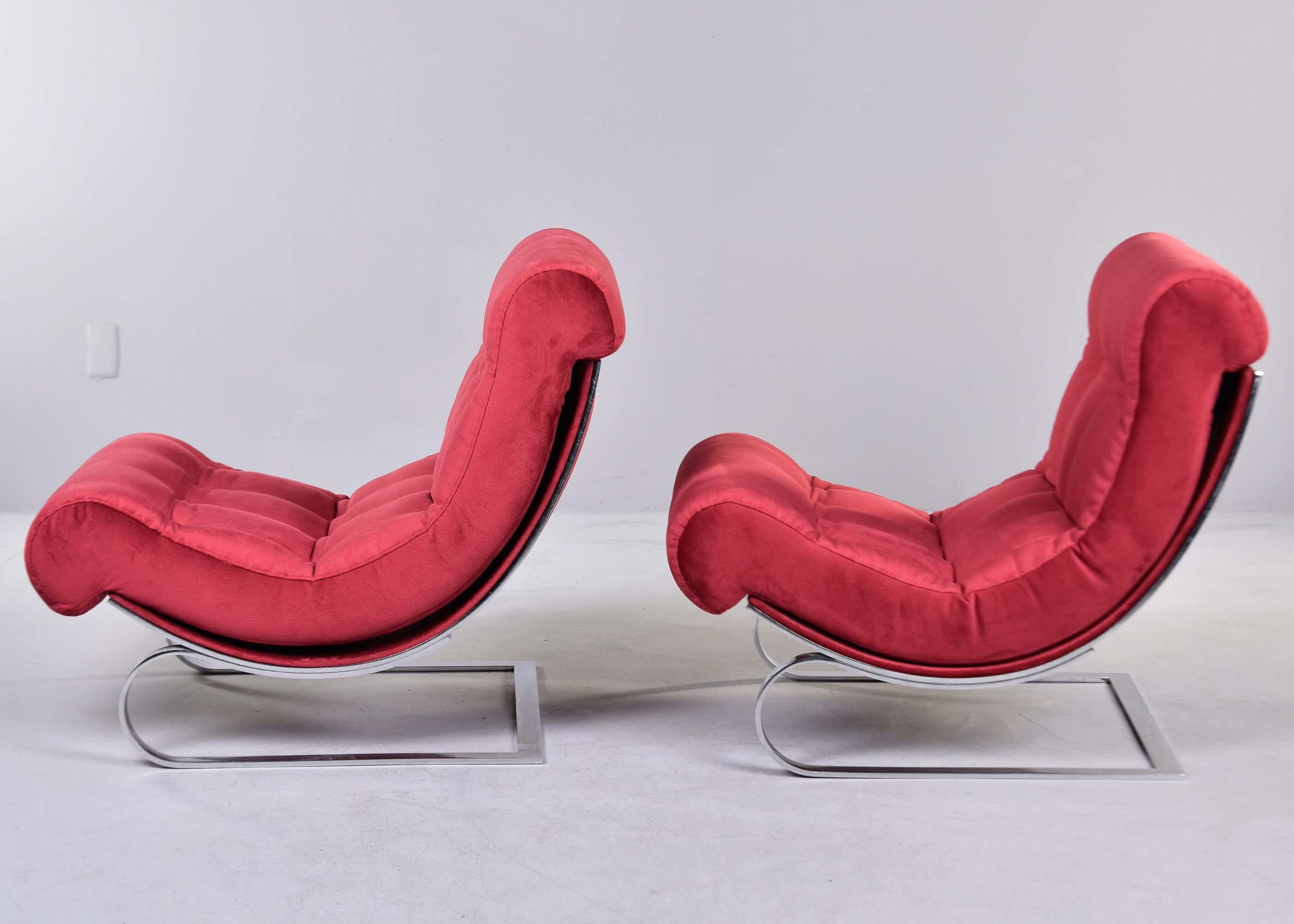 Pair Mid Century Chairs in Red Fabric With Chrome Base 2