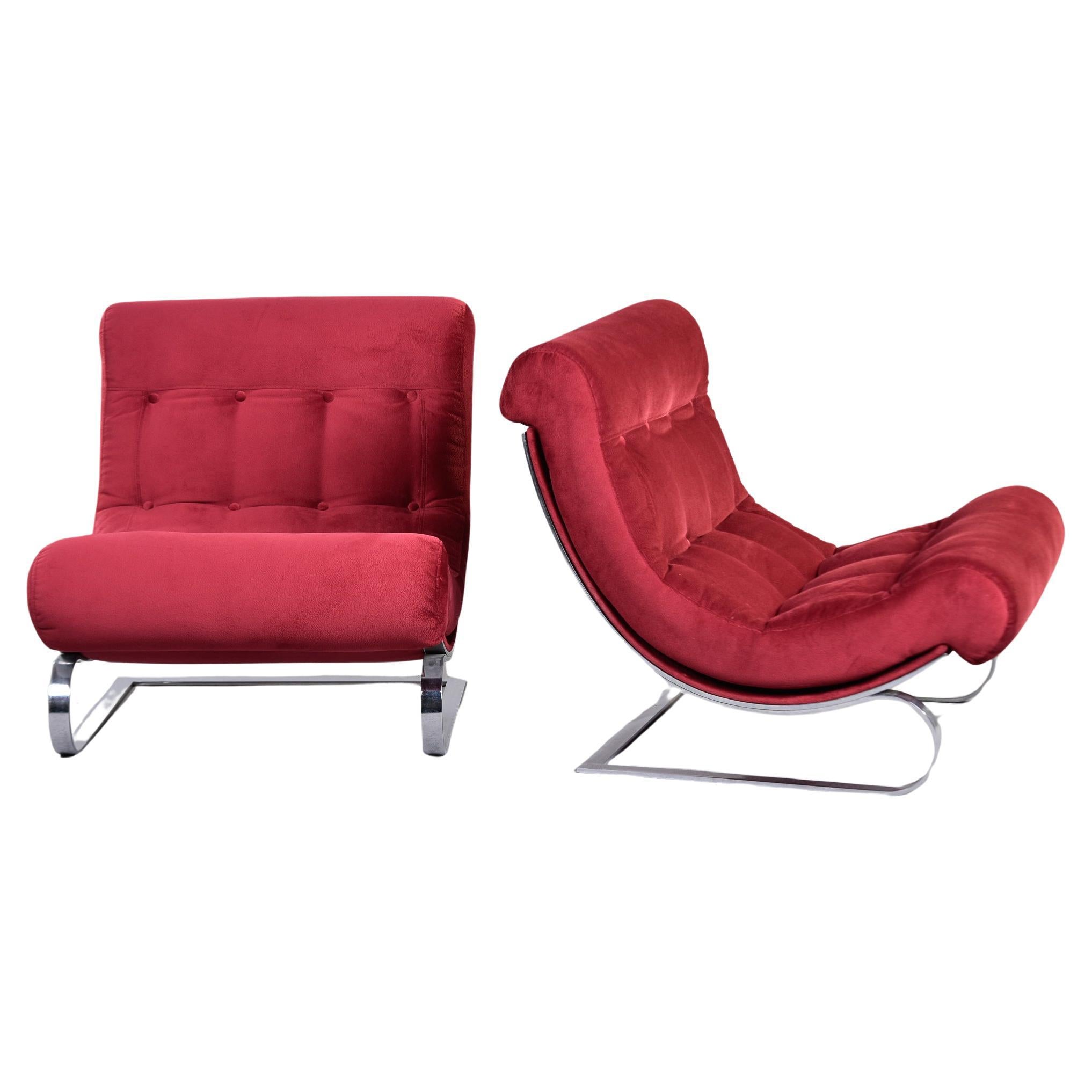Pair Mid Century Chairs in Red Fabric With Chrome Base