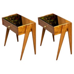 Pair Mid-Century Cherry Night Stands with amber color opaline top 1950