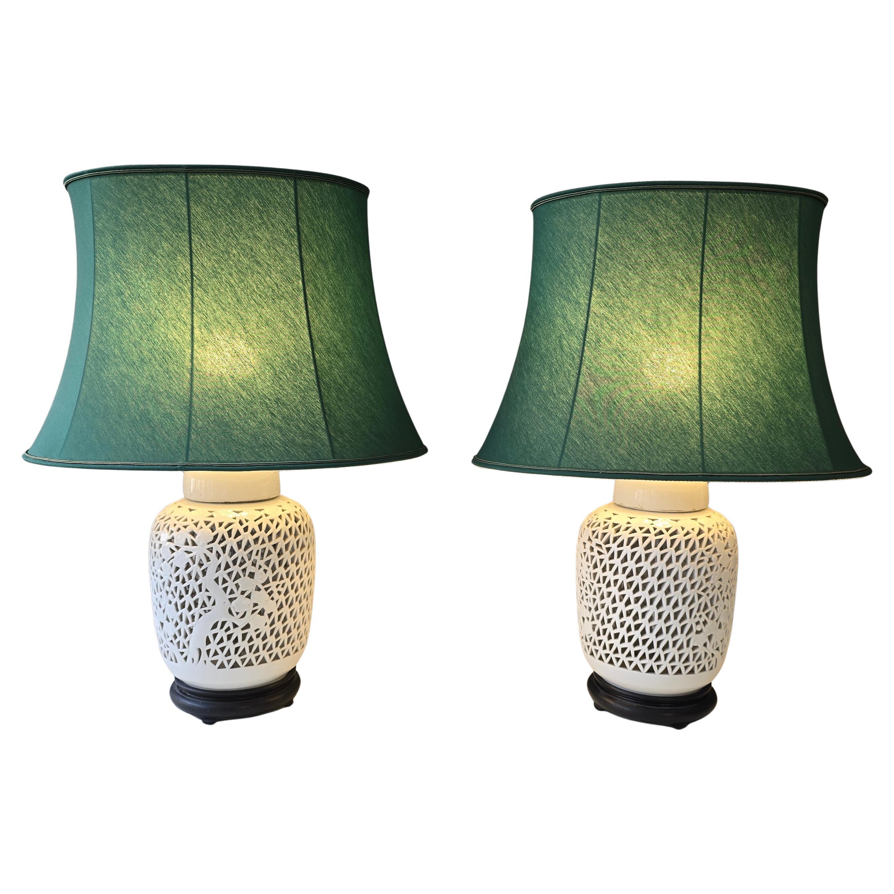 Pair Mid-Century Chinese Blanc de Chine Reticulated Porcelain Chinoiserie Lamps